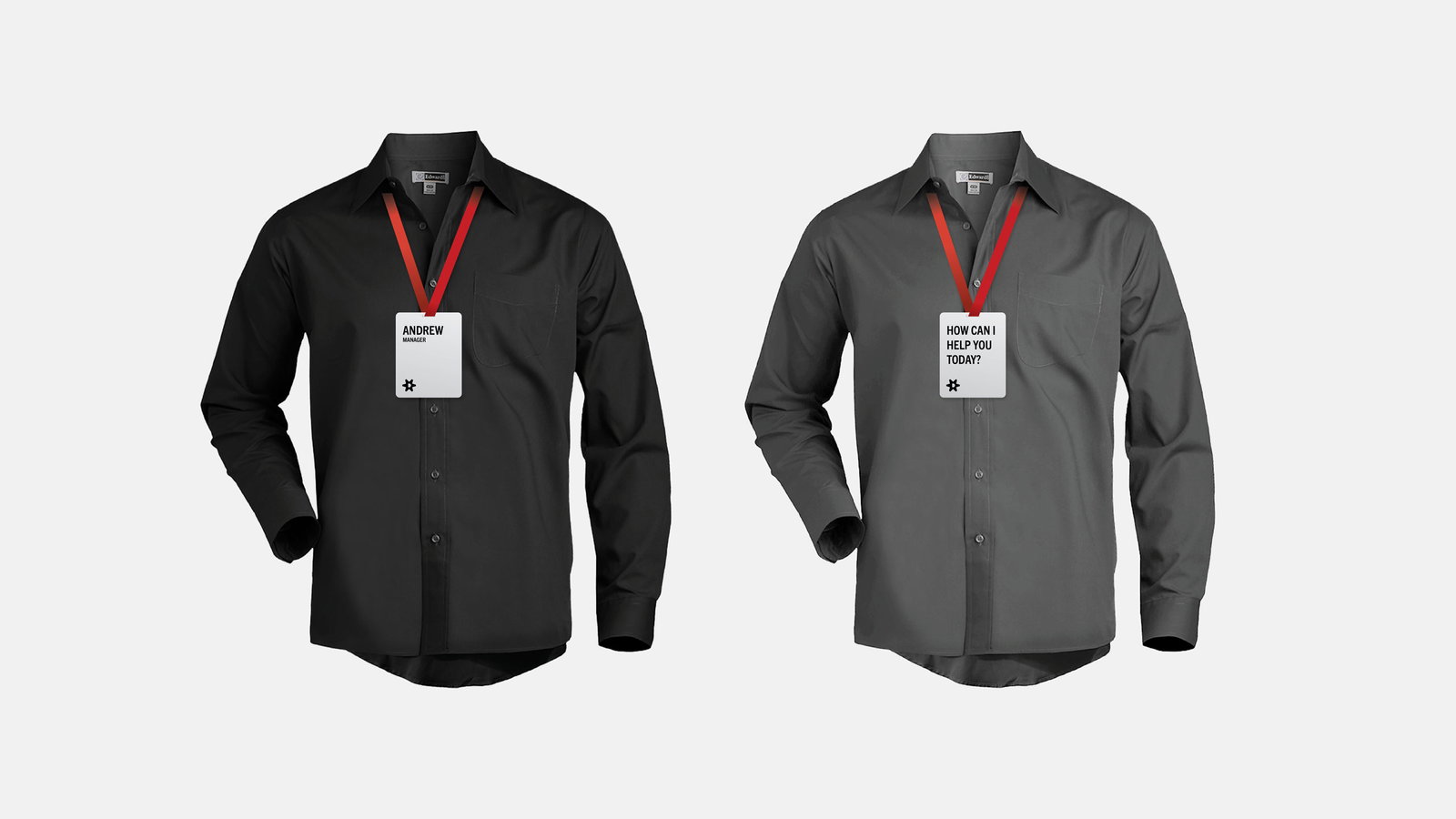 Two gray shirts are displayed against a light gray background, each with a red lanyard and a name badge for The Discount Factory. Left badge has text, "ANDREW." Right badge reads, "HOW CAN I HELP YOU TODAY?"
