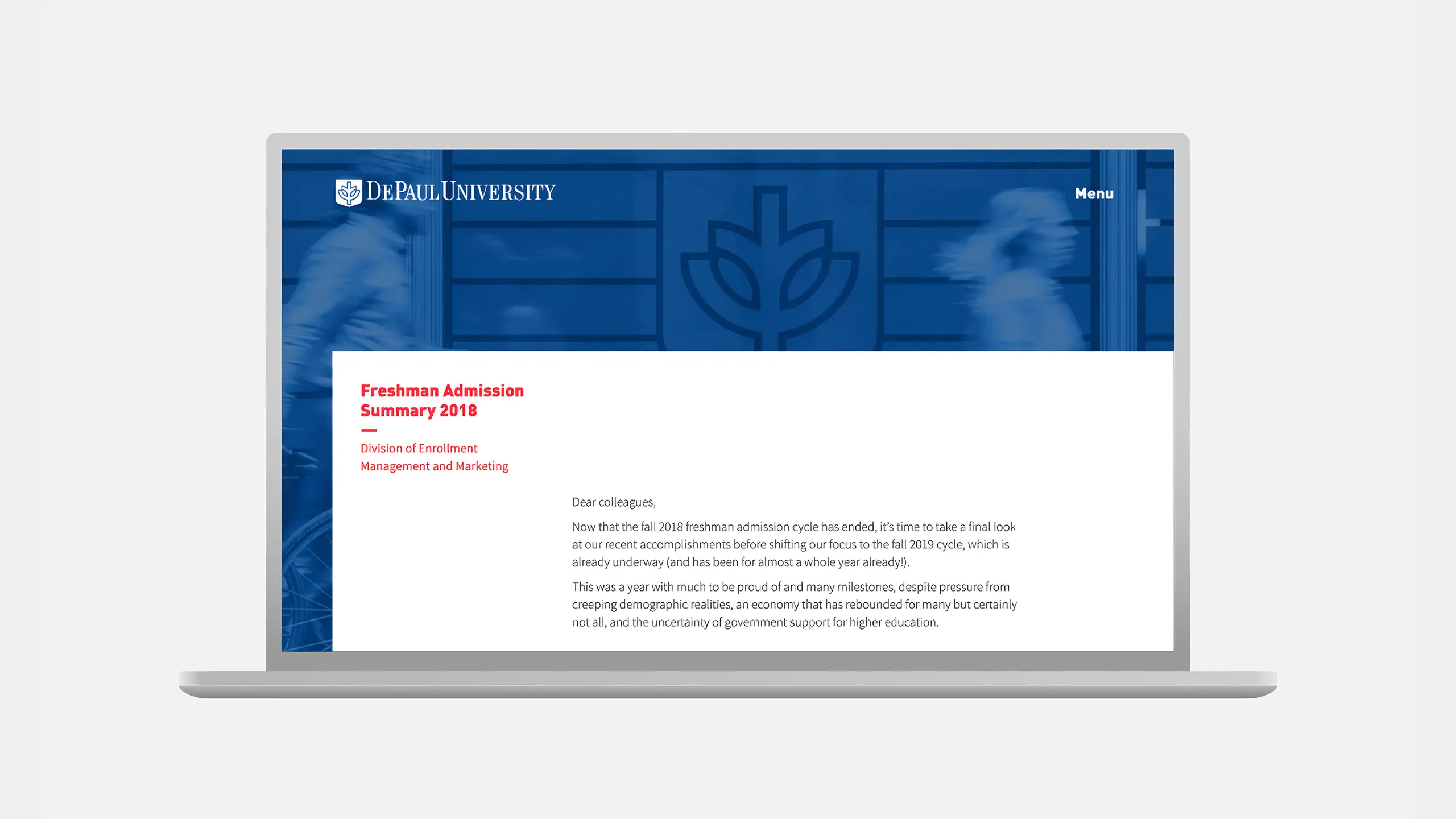 Laptop screen displaying DePaul University Freshman Admission Summary 2018. Blue header with university logo, white text box below detailing admissions message.