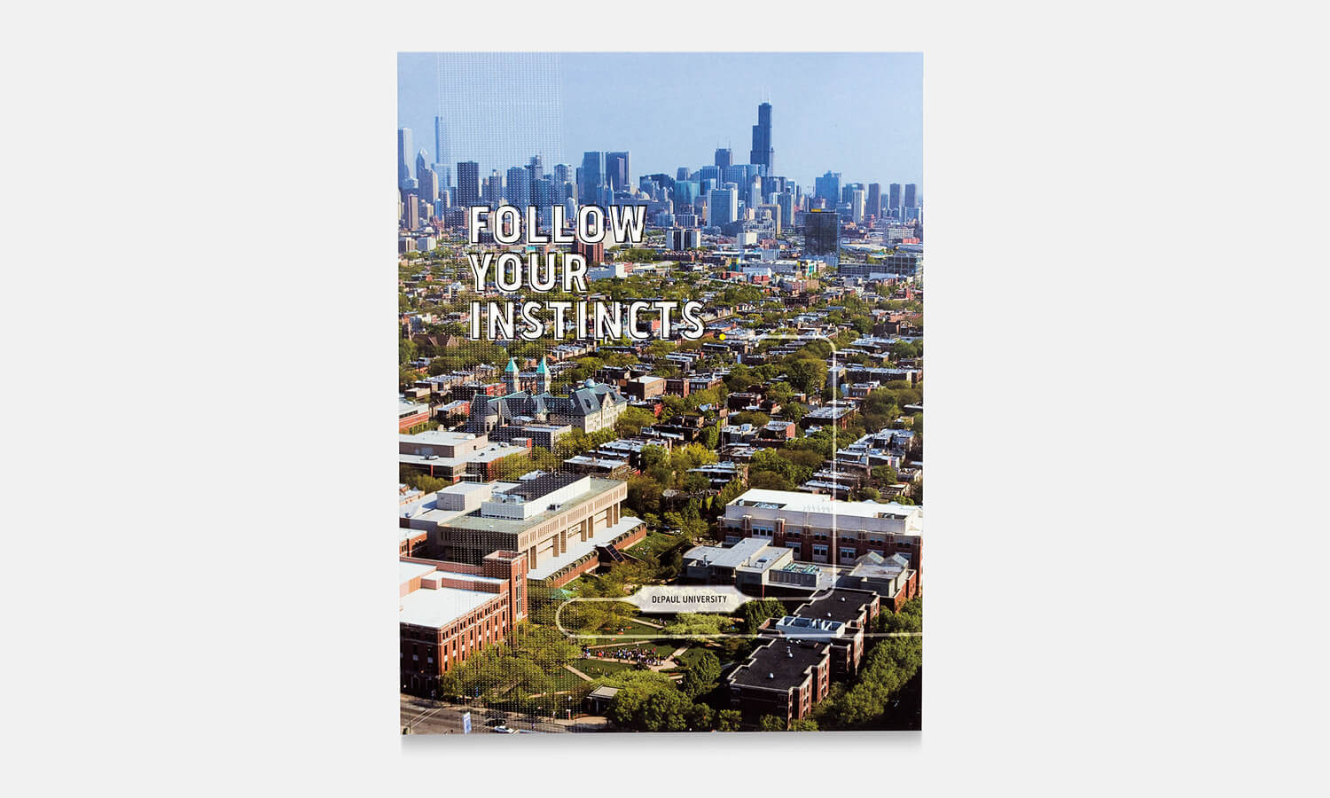 Aerial view of a cityscape featuring a university campus and lush greenery in the foreground. Text overlay reads "Follow Your Instincts." The distant skyline is visible under a clear blue sky, conveying inspiration and aspiration.