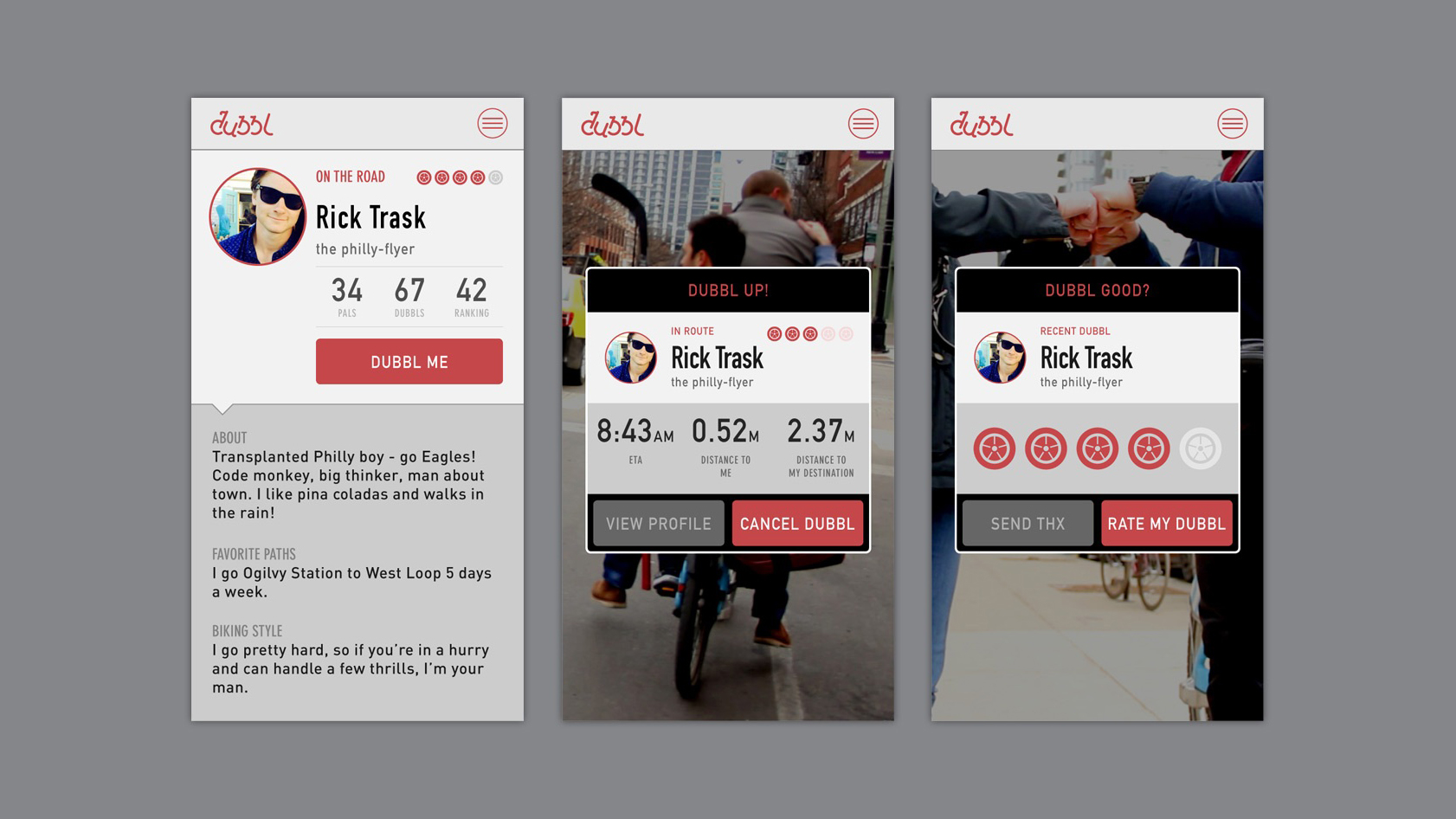 Three app screens from Dubbl showing a profile for Rick Trask, a bike rider. The first screen displays profile details. The second shows ride progress. The third allows rating the ride.