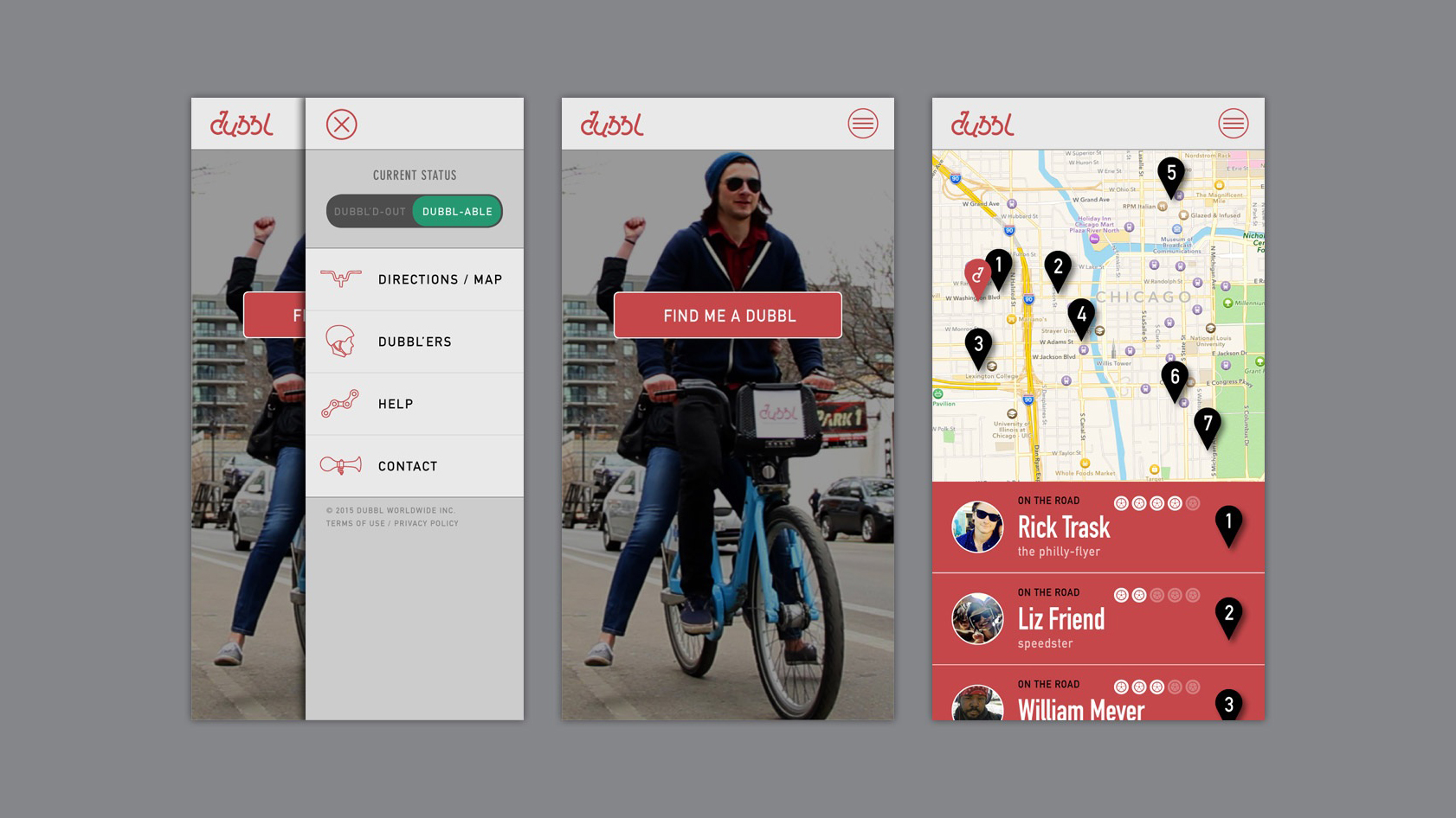 The Dubbl mobile app interface showing three screens: a rider on a blue bike, a menu with map and contact options, and a map with numbered location pins.