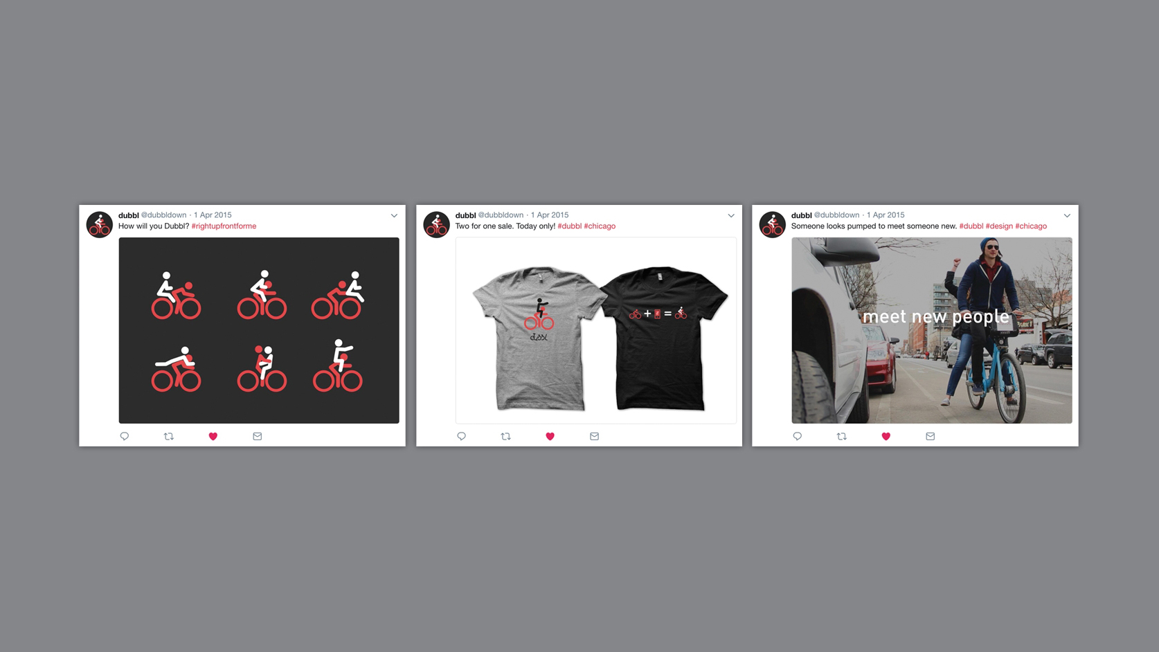 Three social media posts featuring bicycle-themed items. Left: Icons of cyclists on black; Center: Two shirts with bike designs; Right: Person cycling in street, text reads "meet new people."