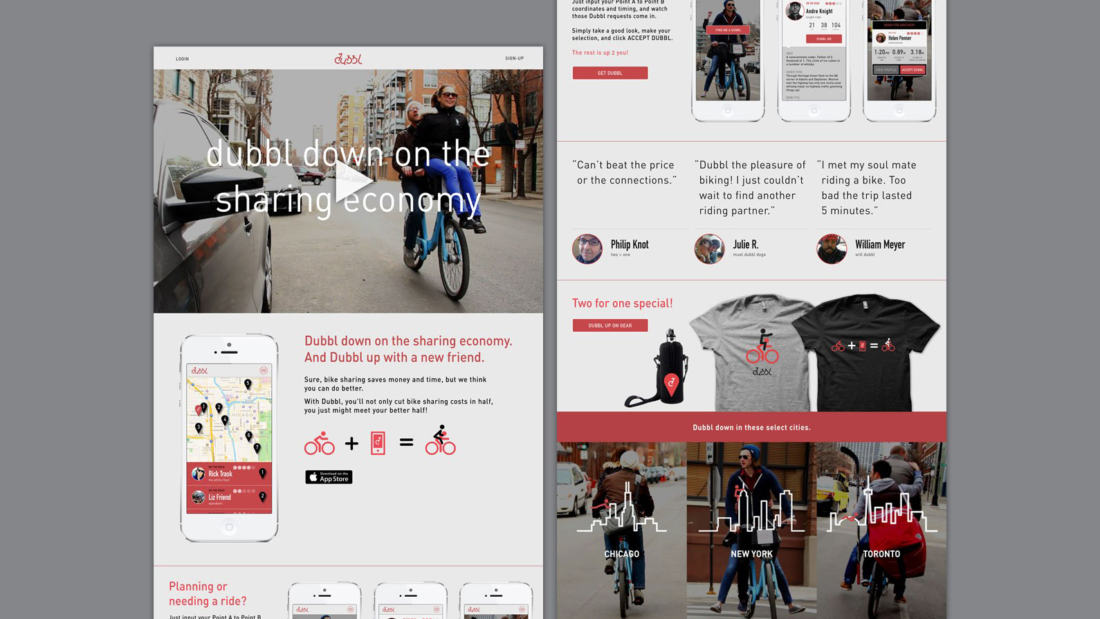 Website layout featuring a bike-sharing app theme, Dubbl. A man riding a bicycle is the central image. Below, app screens, user testimonials, and branded merchandise are displayed. Cities like Chicago, New York, and Toronto are highlighted, promoting a sense of urban connectivity and community engagement.