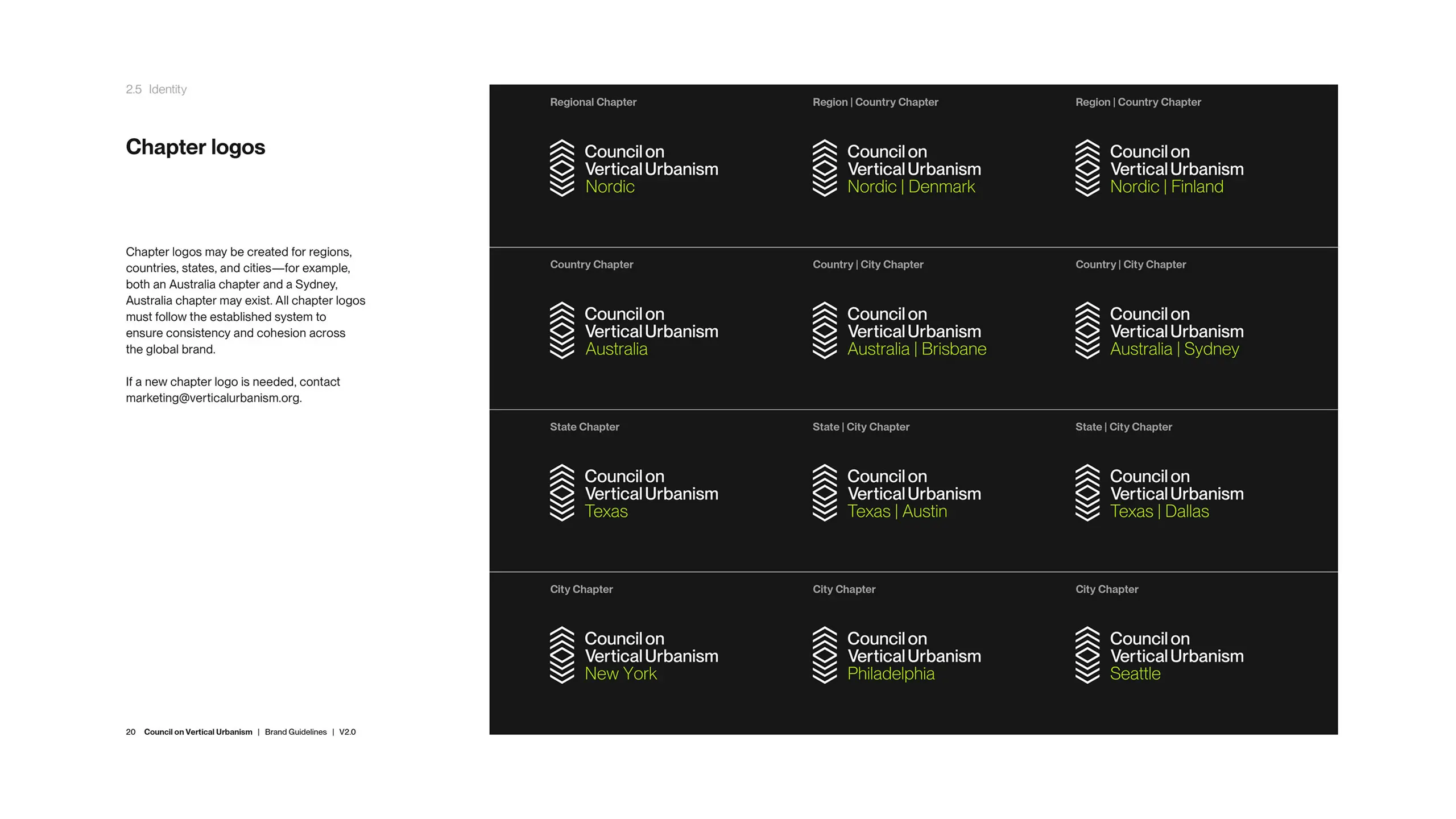 Grid displaying 12 variations of 'Council on Vertical Urbanism' logos for different regions. Each logo includes location names like 'Nordic,' 'Australia,' and 'New York' in white and green text on a black background.