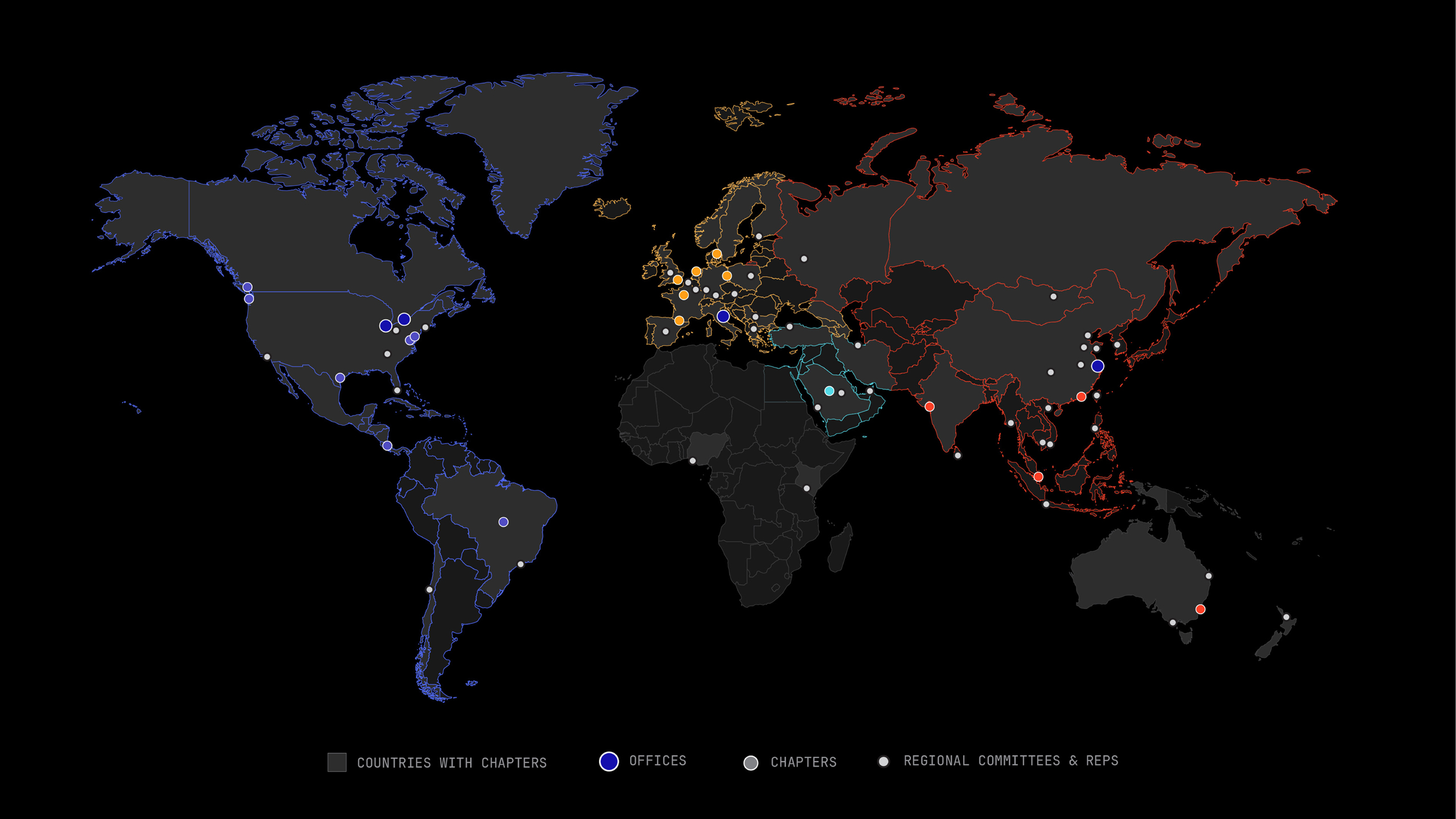 World map on a black background showing locations of chapters, offices, and regional committees for the Council on Vertical Urbanism. Various colored dots highlight activity areas.