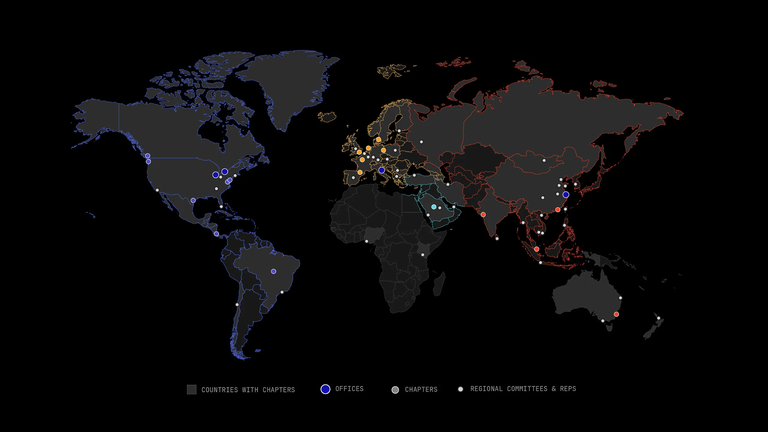 World map on a black background showing locations of chapters, offices, and regional committees for the Council on Vertical Urbanism. Various colored dots highlight activity areas.