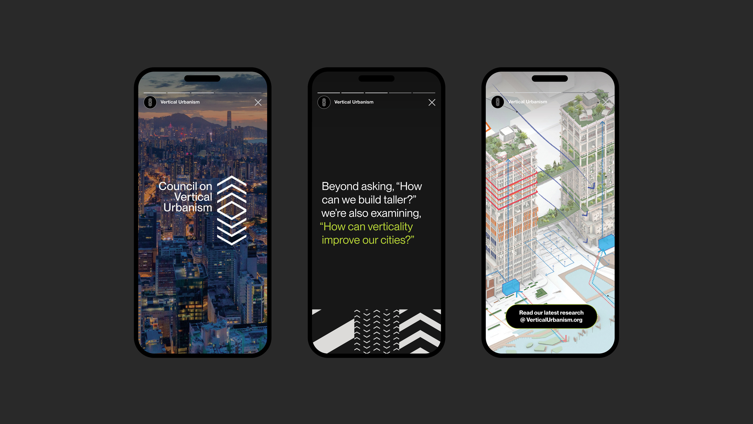 Three smartphones display vertical urbanism concepts. Left: cityscape background with "Council on Vertical Urbanism" text. Center: black screen with text about vertical improvement. Right: illustrated buildings, trees, and water.