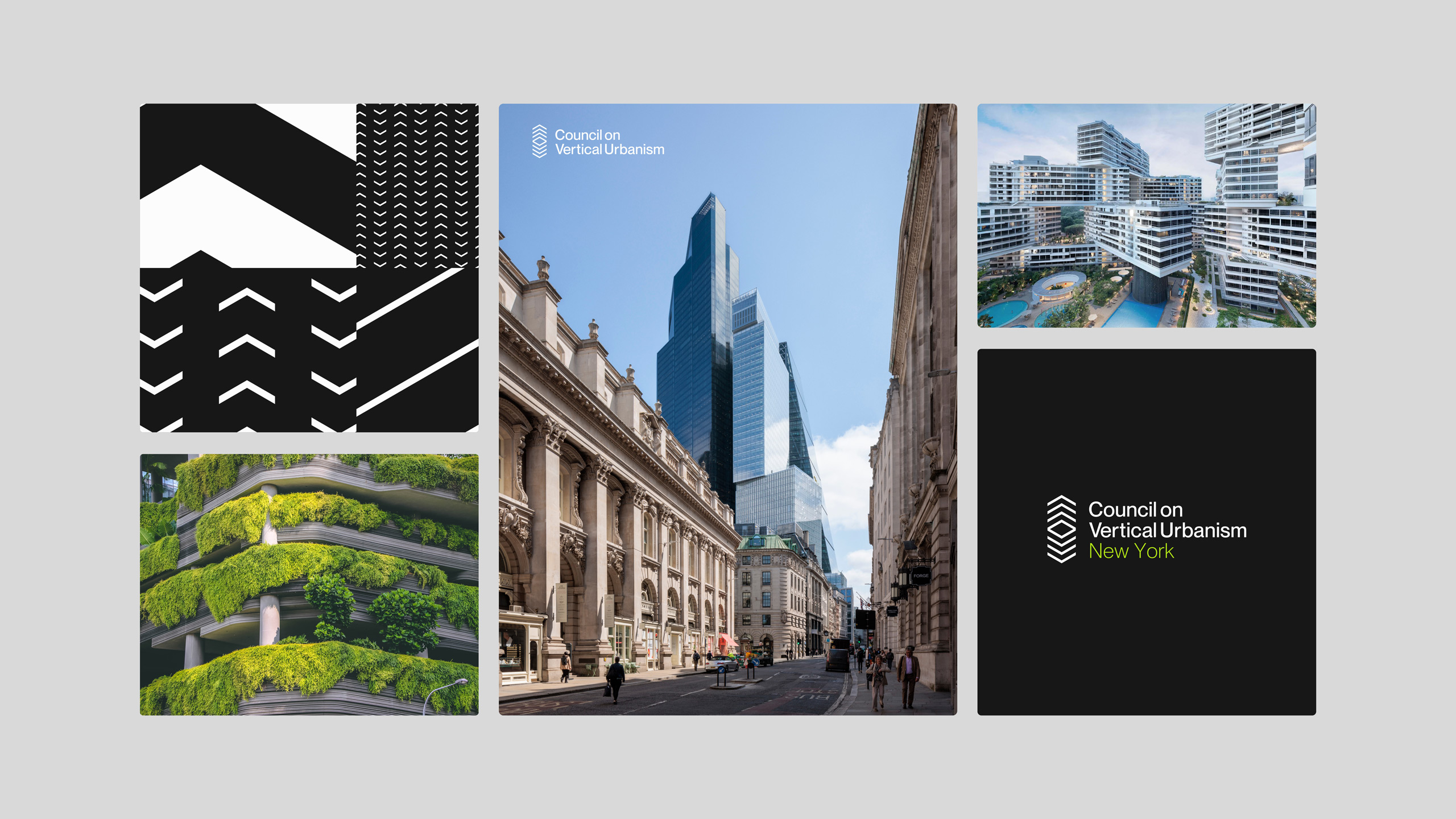 A collage includes a modern skyscraper in a cityscape, tiered greenery, and abstract patterns. Text reads "Council on Vertical Urbanism, New York."
