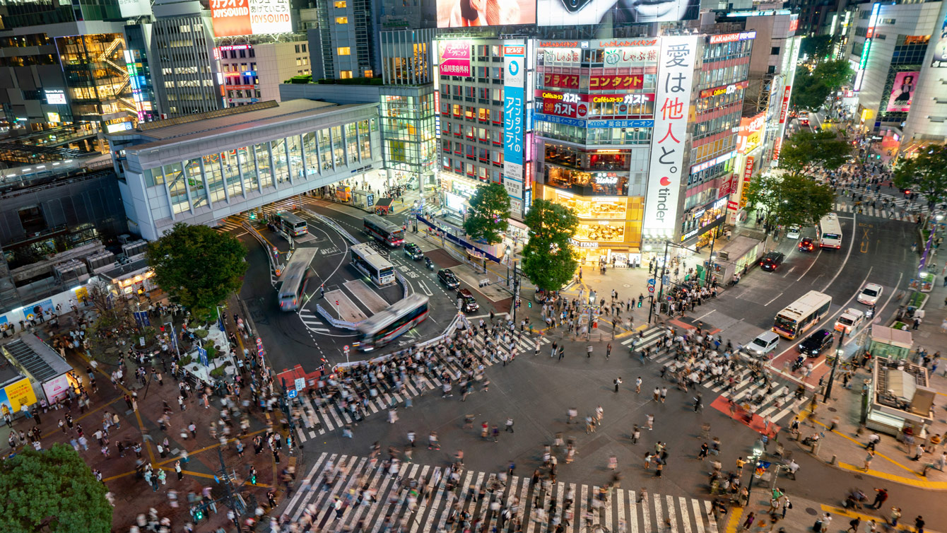 An aerial view of a busy intersection in Tokyo