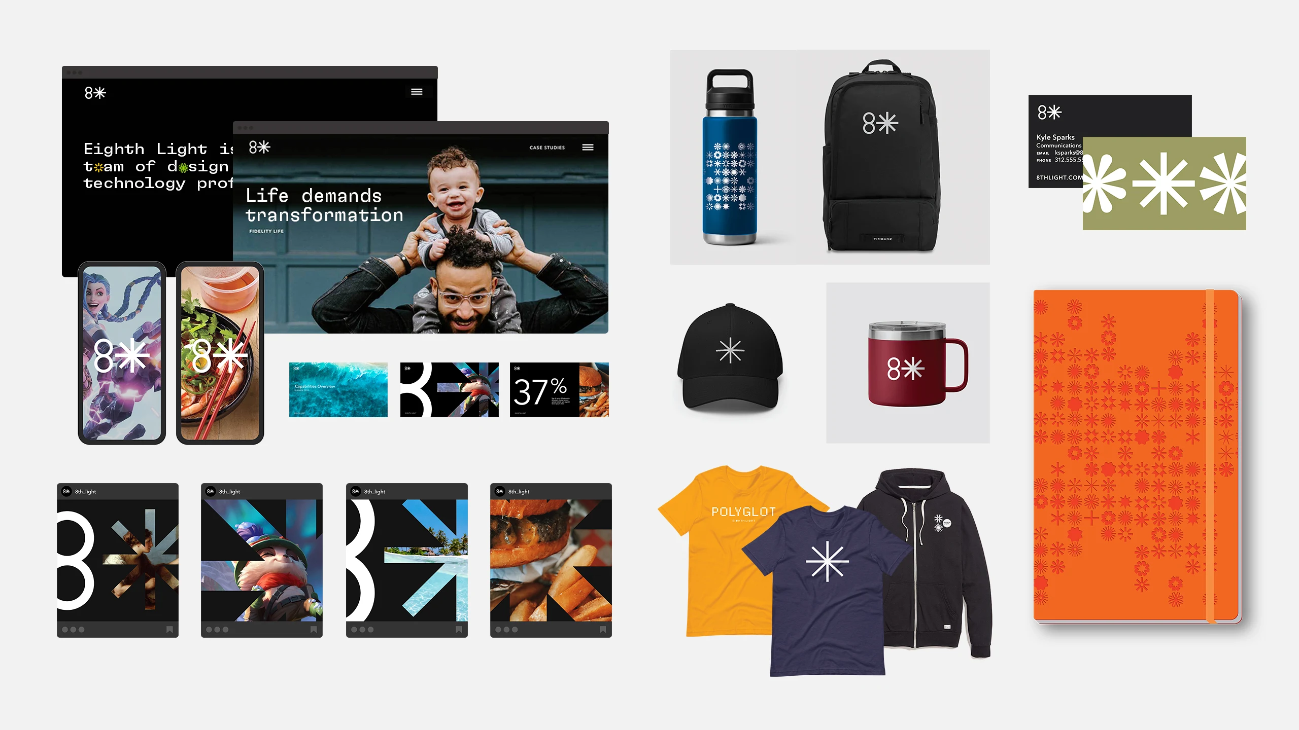 A collage of Eighth Light branded materials that include the website, social media, hats, backpacks, water bottles and apparel