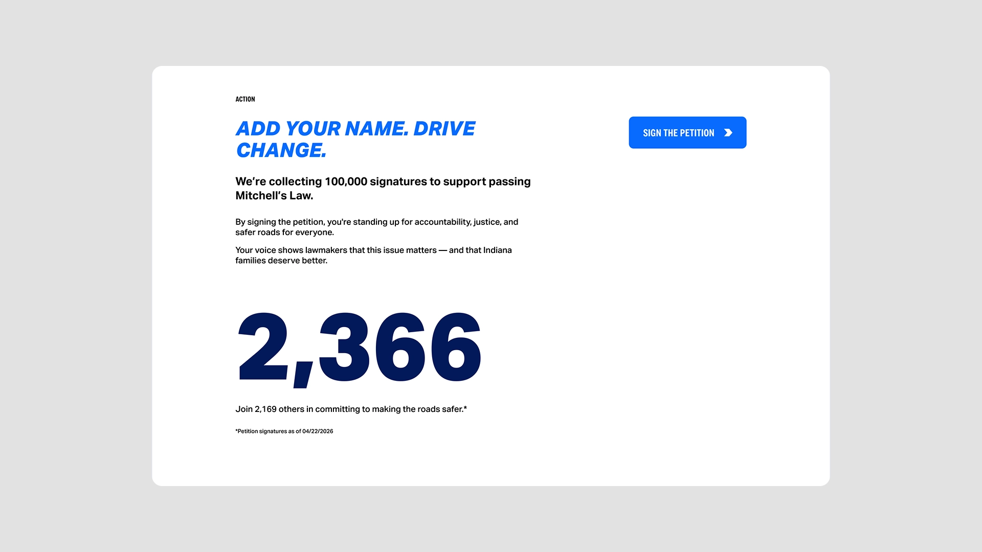 A section of the Mitchell Sterling Foundation website showing how many signatures have been gathered in support of passing Mitchell's Law.