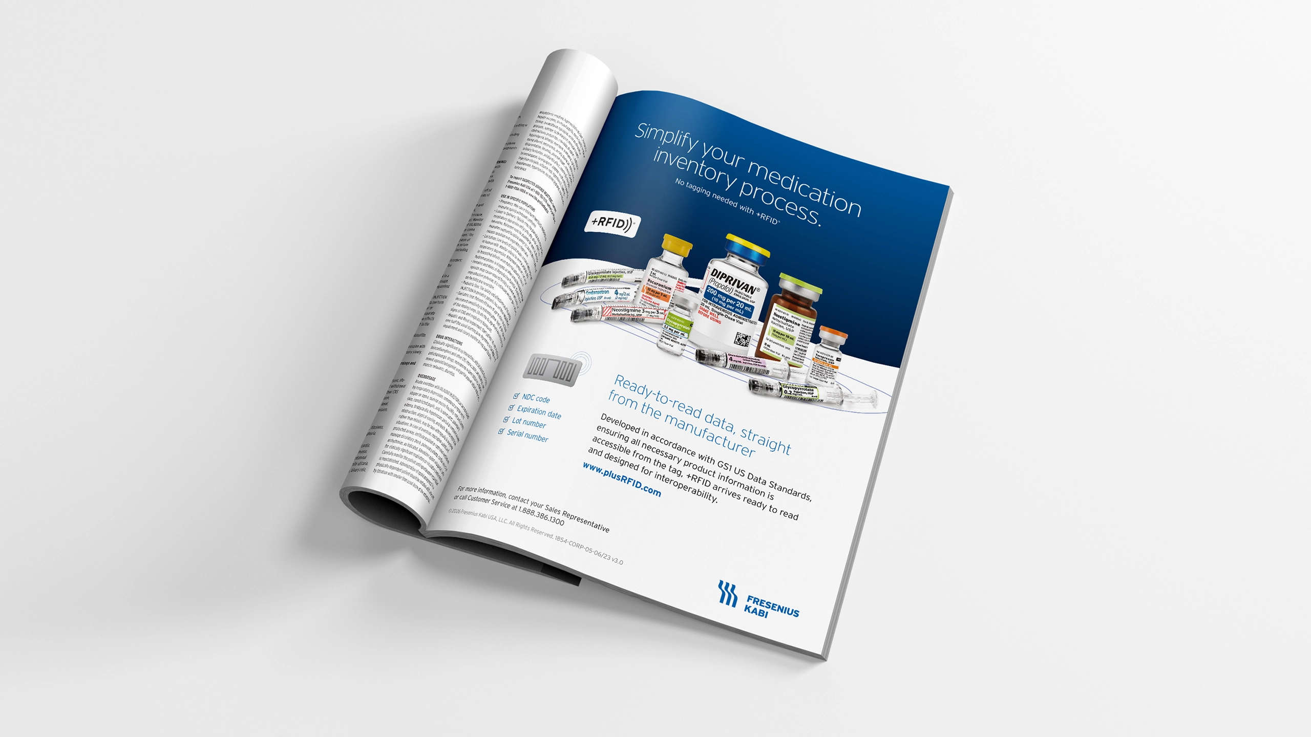 Open magazine showing an advertisement for +RFID medication inventory management featuring various medical vials and syringes on a blue background.