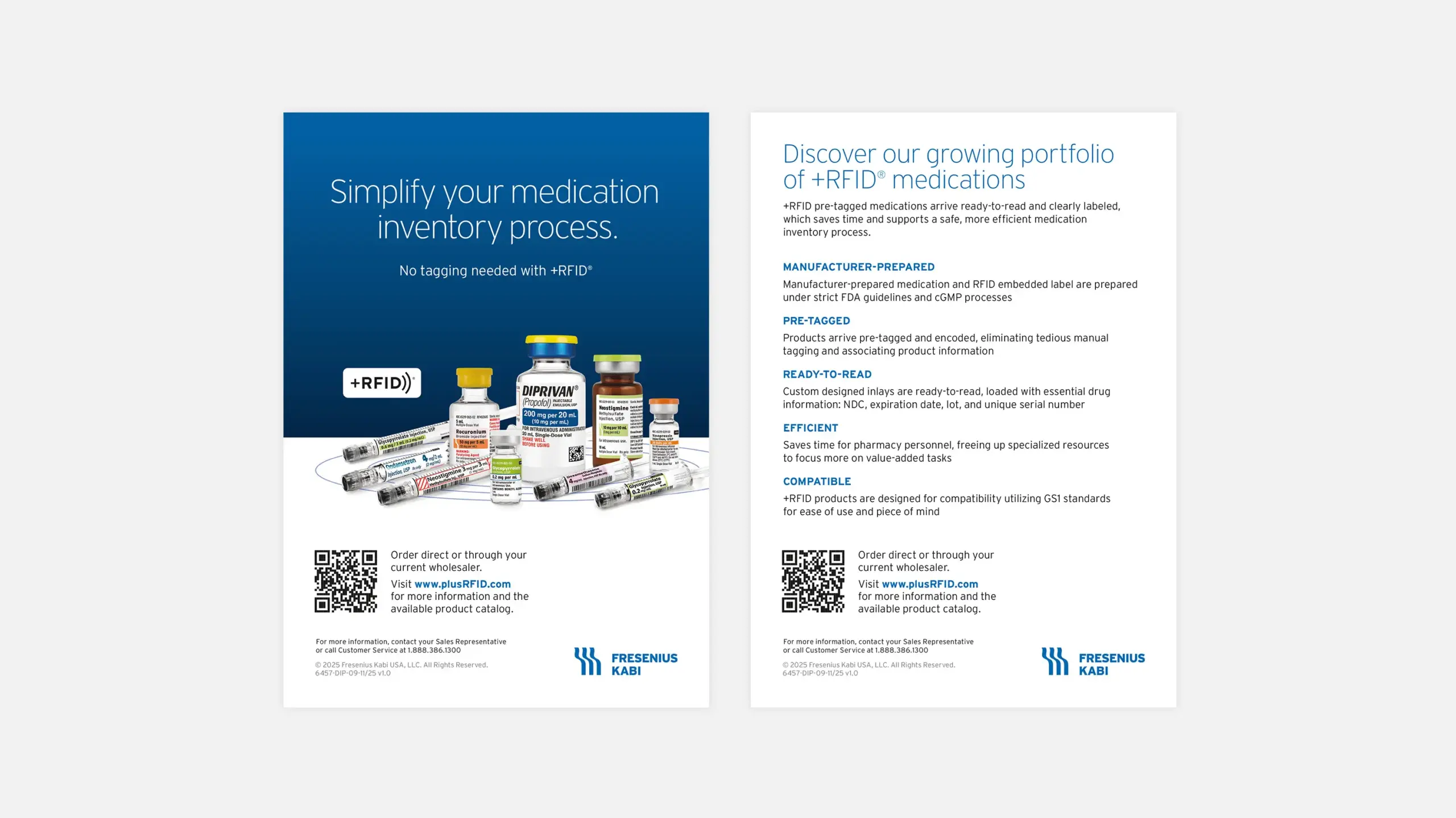 Flyer promoting ++RFID-tagged medications by Fresenius Kabi. Left side features medicine bottles and syringes on a blue background. Right side lists benefits like efficiency and compatibility. QR codes included for more information.