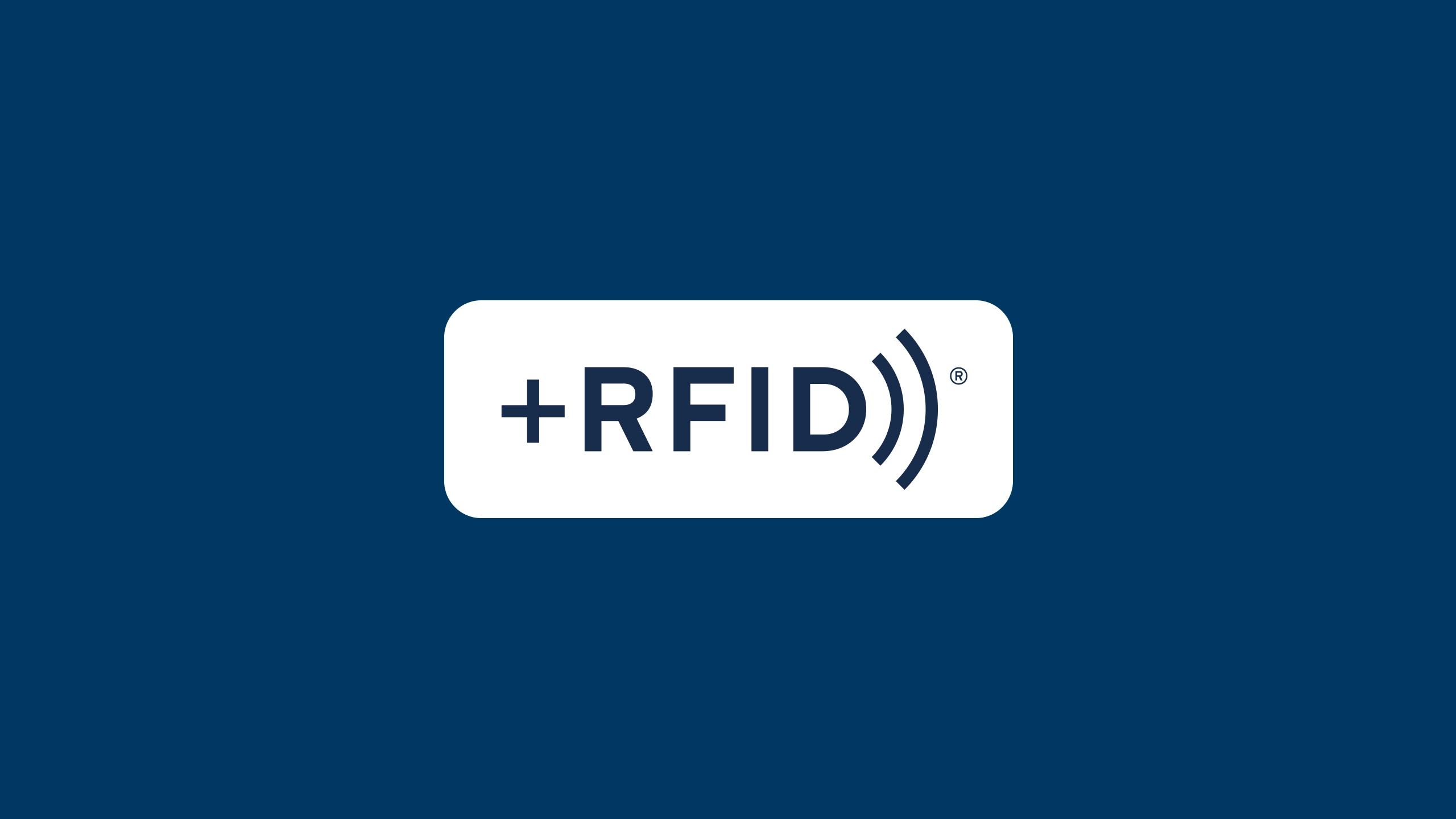 The white +RFID logo in a pill shape on a dark blue background