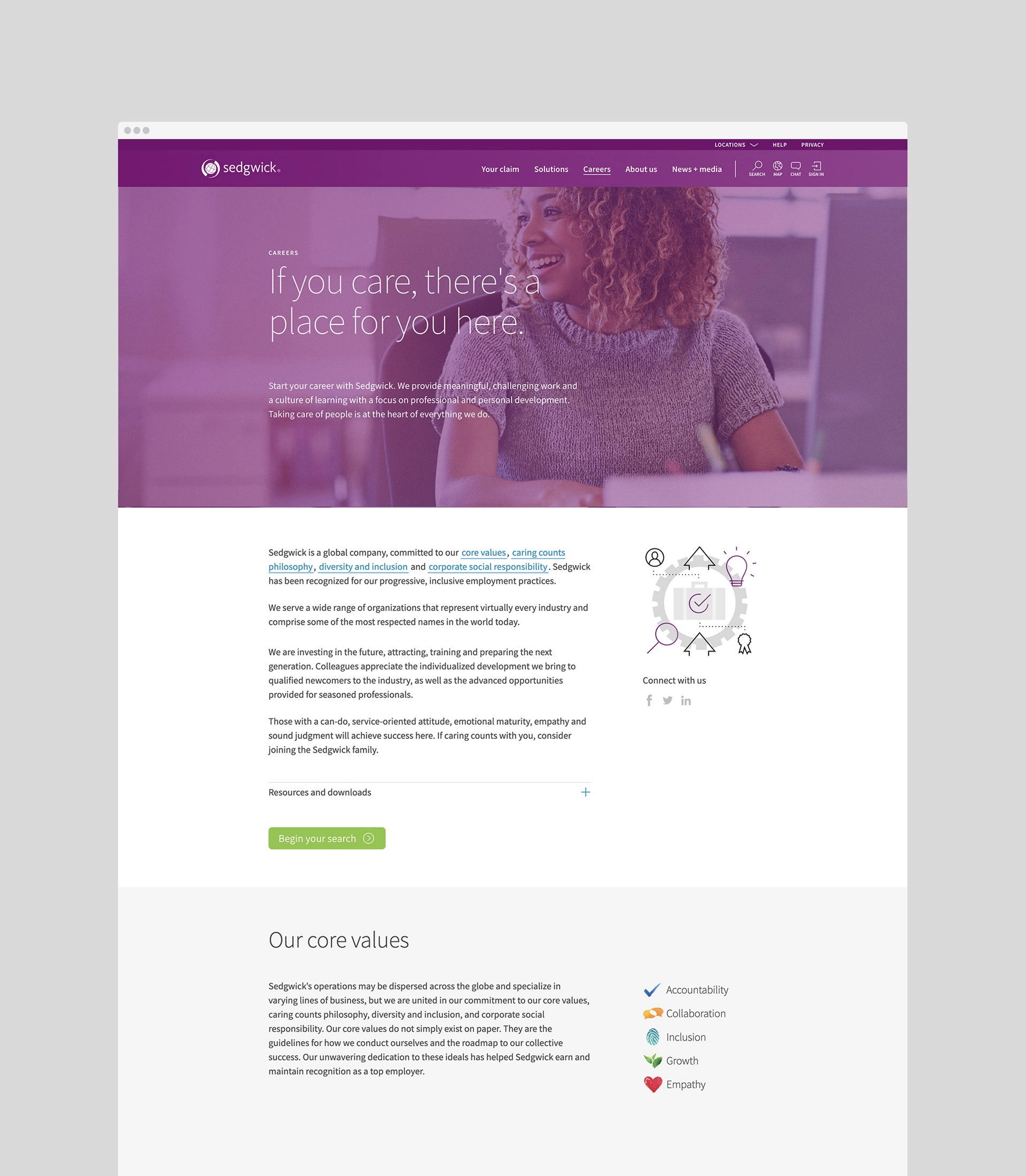 Website homepage with a purple banner featuring a woman smiling, and text reading "If you care, there's a place for you here." Below, sections describe company values, including accountability, collaboration, and empathy. Icons for social media links and a "Begin your search" button are visible.