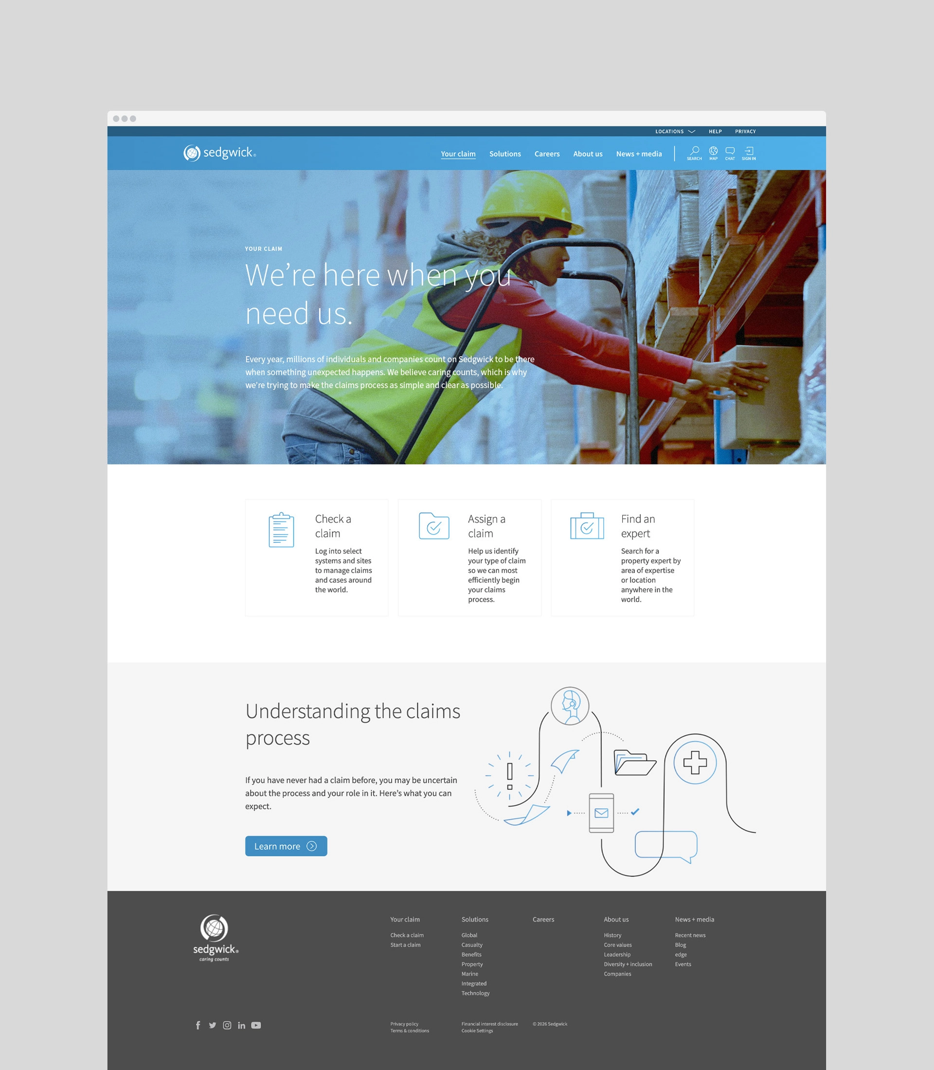 Website homepage with a construction worker in a yellow hard hat and neon vest reaches for a box on a warehouse shelf. Blue header reads "We're here when you need us."