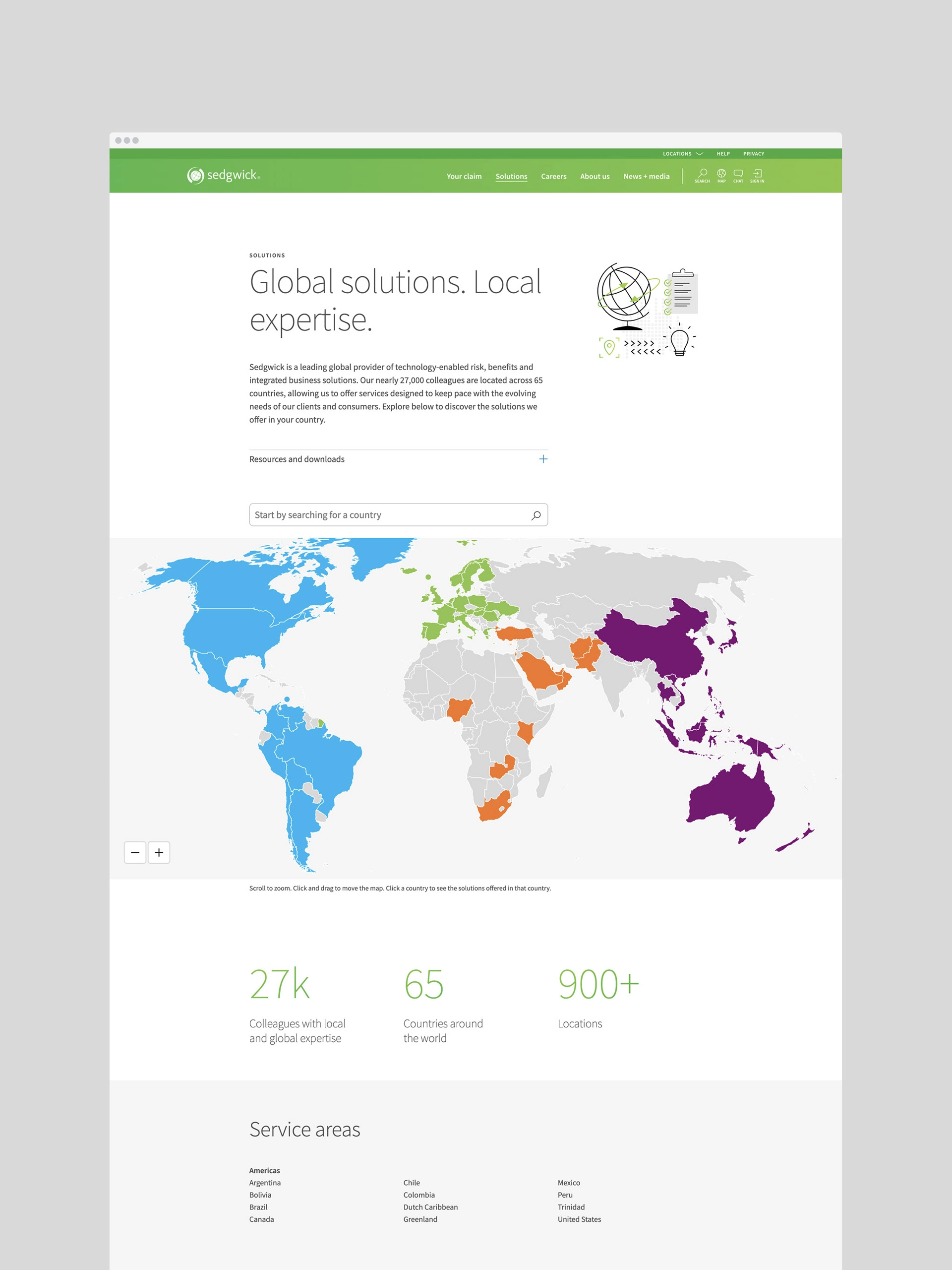 Sedgwick webpage showing a global map with countries in various colors, highlighting service areas. Text above reads, "Global solutions. Local expertise."