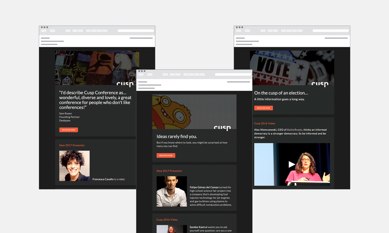 Three overlapping email blasts displaying content about the Cusp Conference. Each features images, text snippets, and buttons.