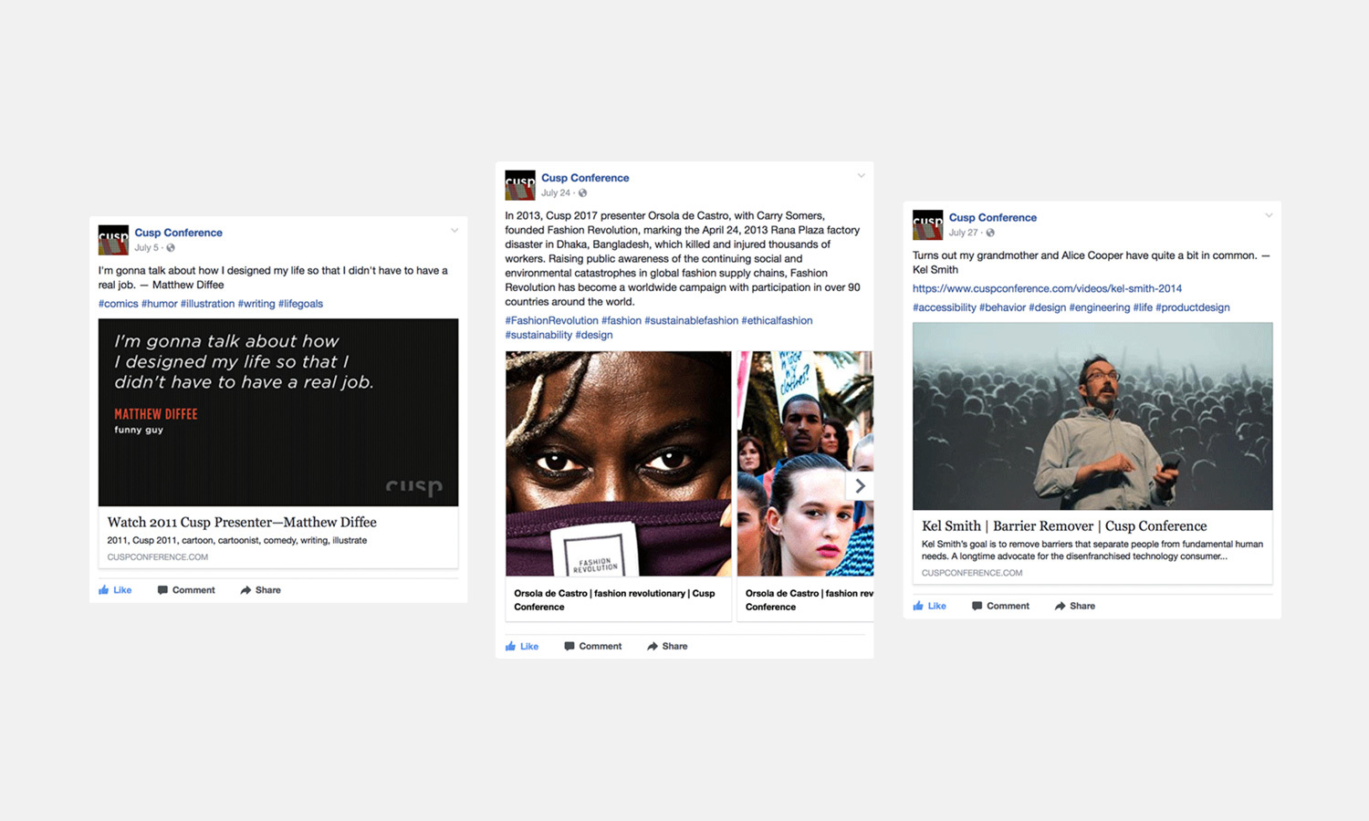 Social media posts from Cusp Conference feature diverse topics: Matthew Diffee on career design, Orsola de Castro on fashion sustainability, and Kel Smith on technology challenges.