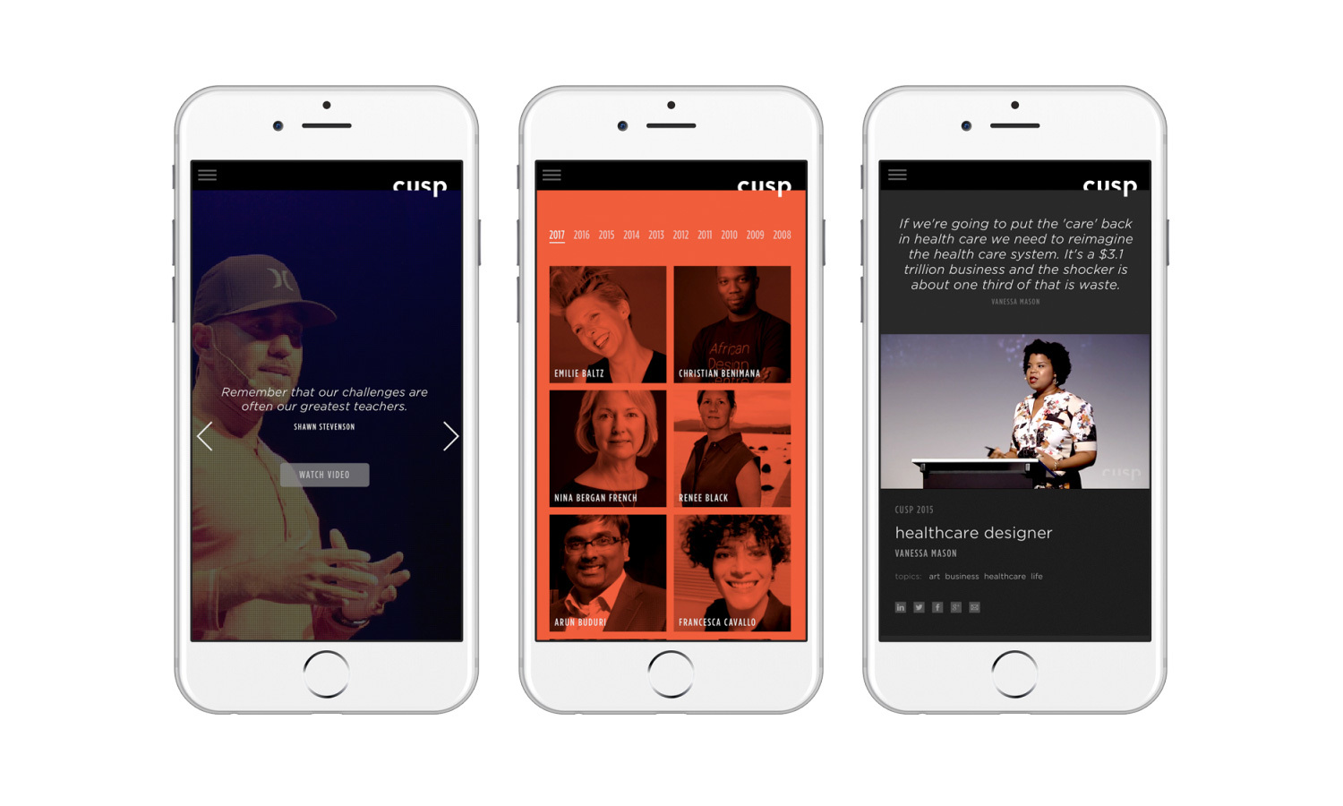 Three smartphones display a Cusp conference website. The first shows a speaker with a quote. The second displays a grid of past speakers. The third highlights a healthcare designer's talk.