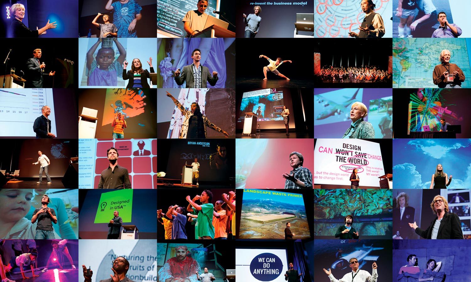 A collage of speakers and performers on stage at the Cusp Conference, with diverse presentations and dynamic poses, conveying passion and creativity.