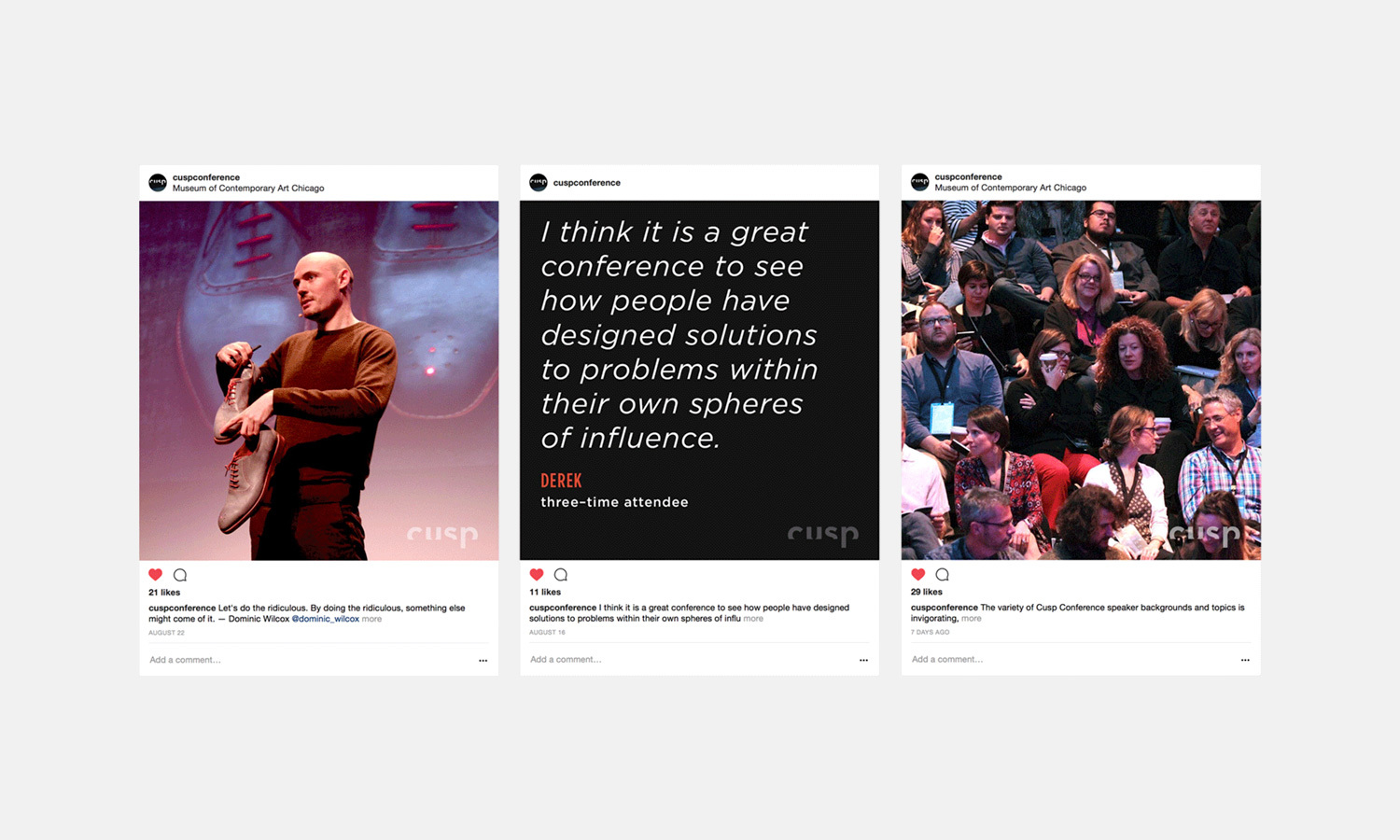 Three images depict Cusp conferencea. Left: Speaker on stage with a patterned background. Middle: Quote about conference value. Right: Engaged audience.