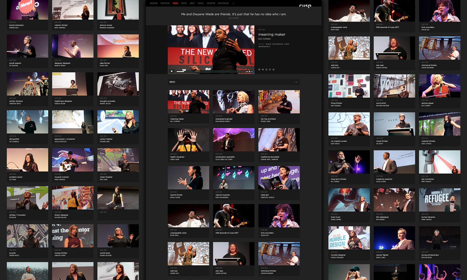 A collage of vibrant Cusp conference speaker images fills the screen, showcasing diverse presenters in dynamic poses. The tone is inspiring and energetic.
