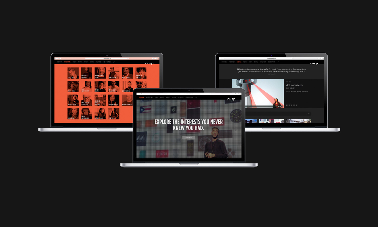 Three laptops display different Cusp conference web pages against a black background. Center: motivational quote, left: red grid of photos, right: video interface.