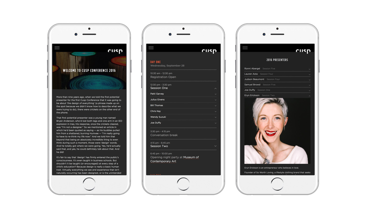 Three smartphones show the Cusp Conference 2016 website. Screens display event details, a speaker list, and a smiling woman, conveying a professional tone.