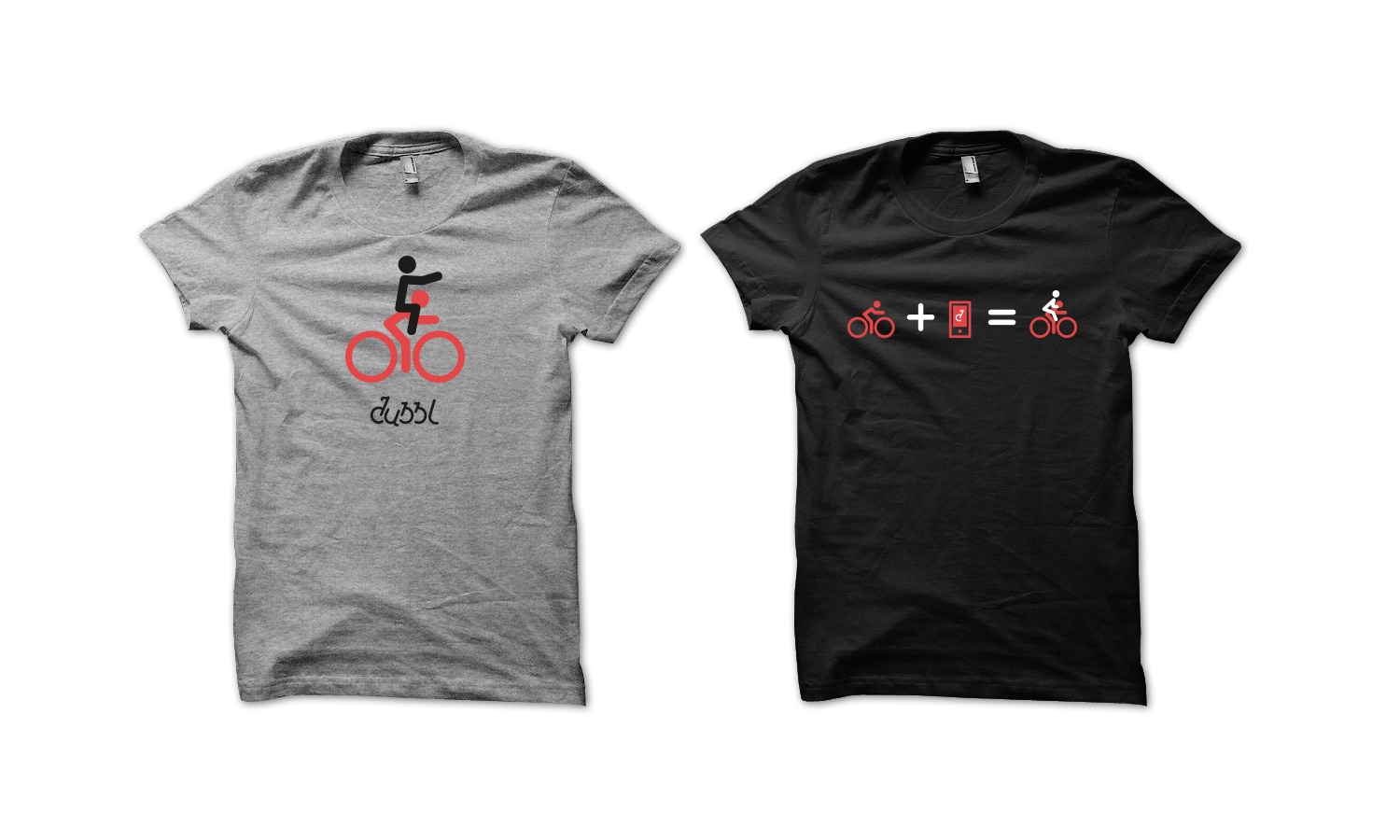 Two t-shirts with the Dubbl branding are shown. The gray shirt depicts a stick figure on a bike with red wheels and the text "dubbl." The black shirt shows a bicycle icon plus an icon for the Dubbl app and it equals an icon with two people on a bicycle.