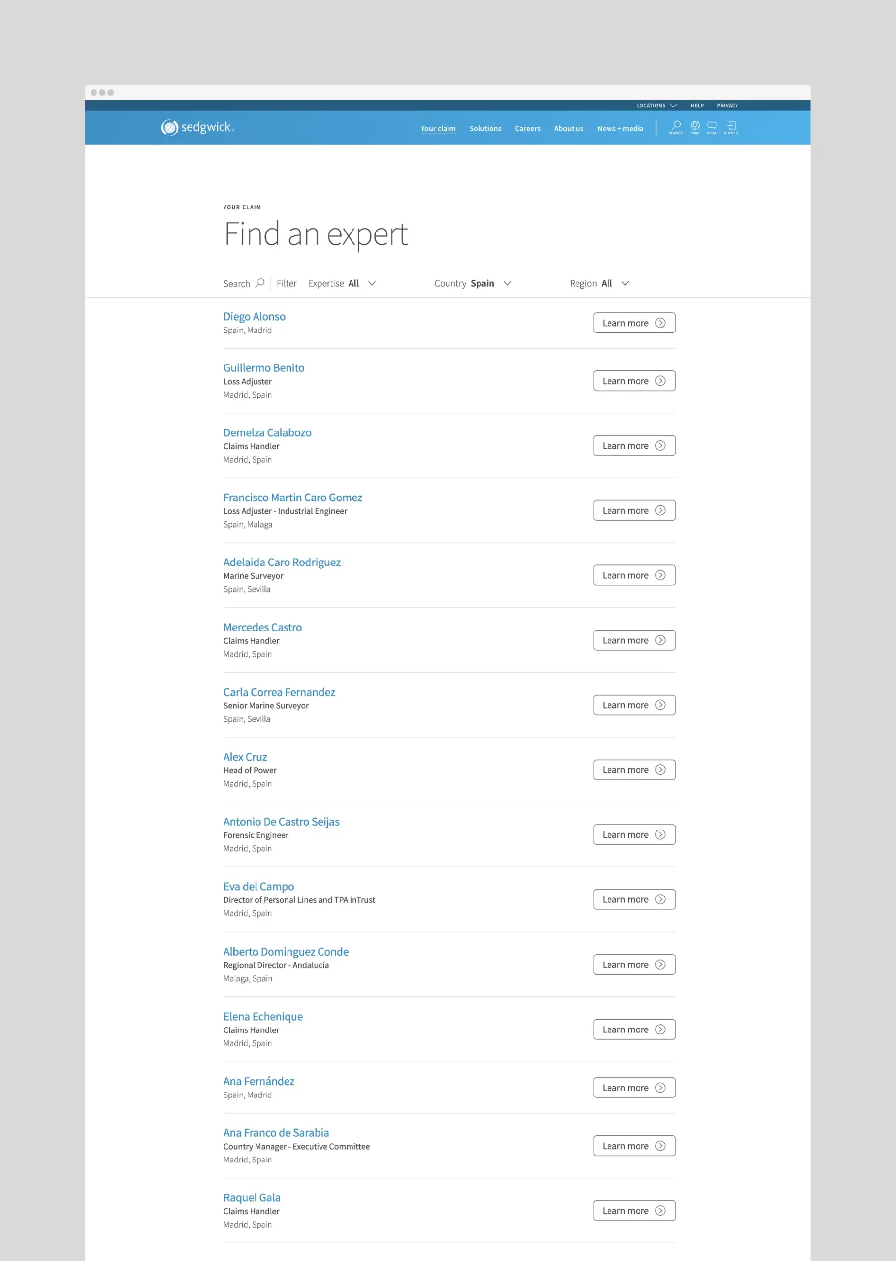 Web page titled "Find an expert," listing professionals in Spain. Each entry has a name, location, expertise, and a "Learn more" button.