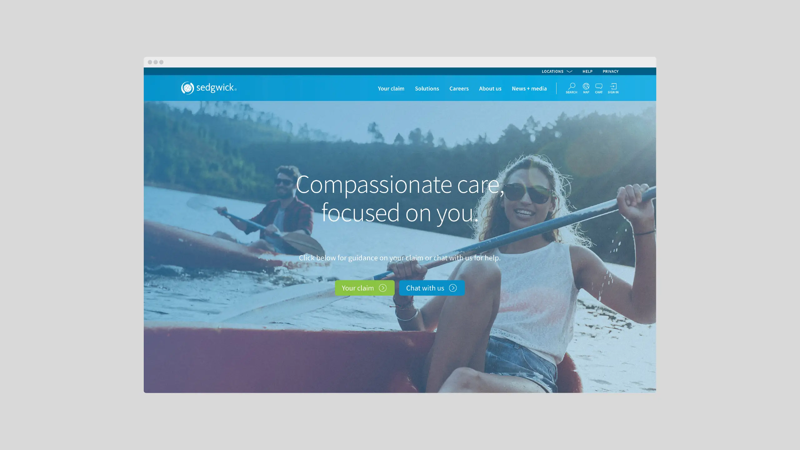 Two people canoeing on a lake with mountains in the background. One smiles with sunglasses, and text reads: "Compassionate care focused on you."