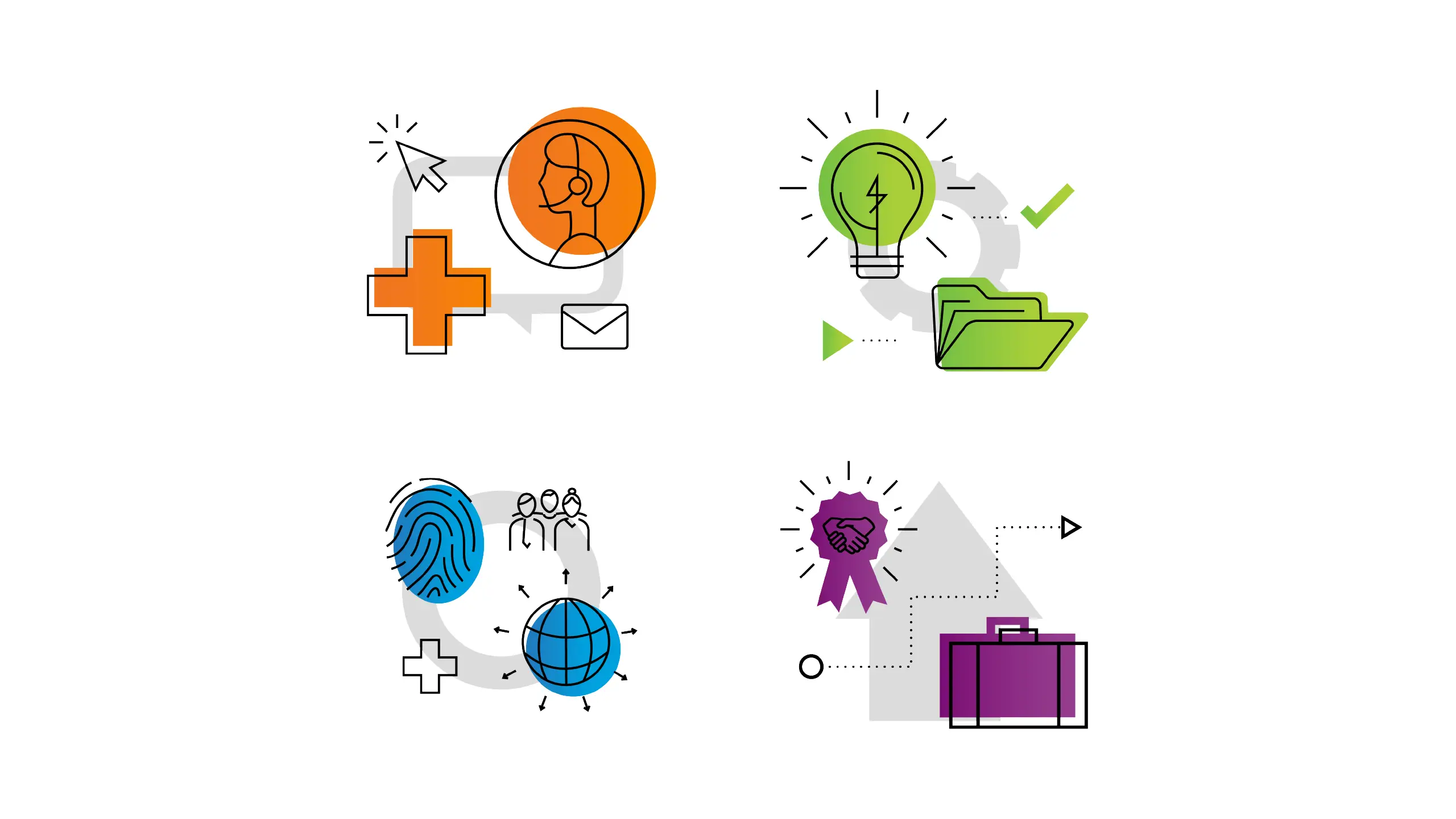 Four illustrated icons represent various concepts. Top left: person, cross symbol, email. Top right: lightbulb, folder. Bottom left: fingerprint, globe. Bottom right: ribbon, briefcase.