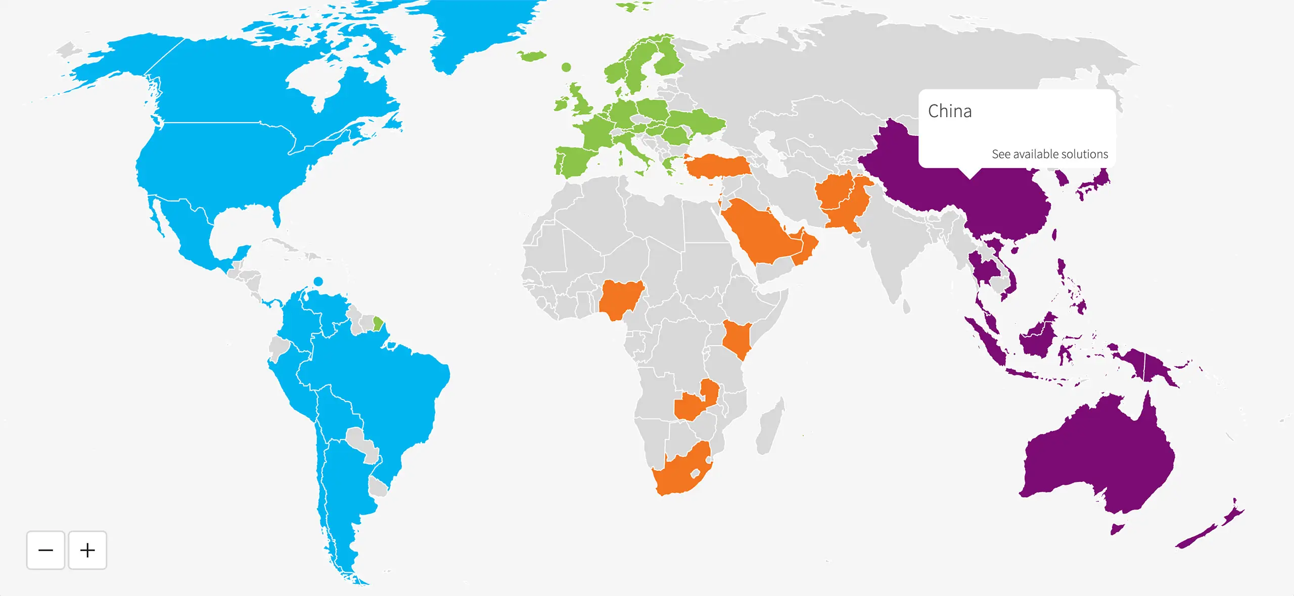 A world map highlighting countries in different colors: North and South America in blue, Europe in green, Asia-Pacific in purple, and parts of Africa and Asia in orange.