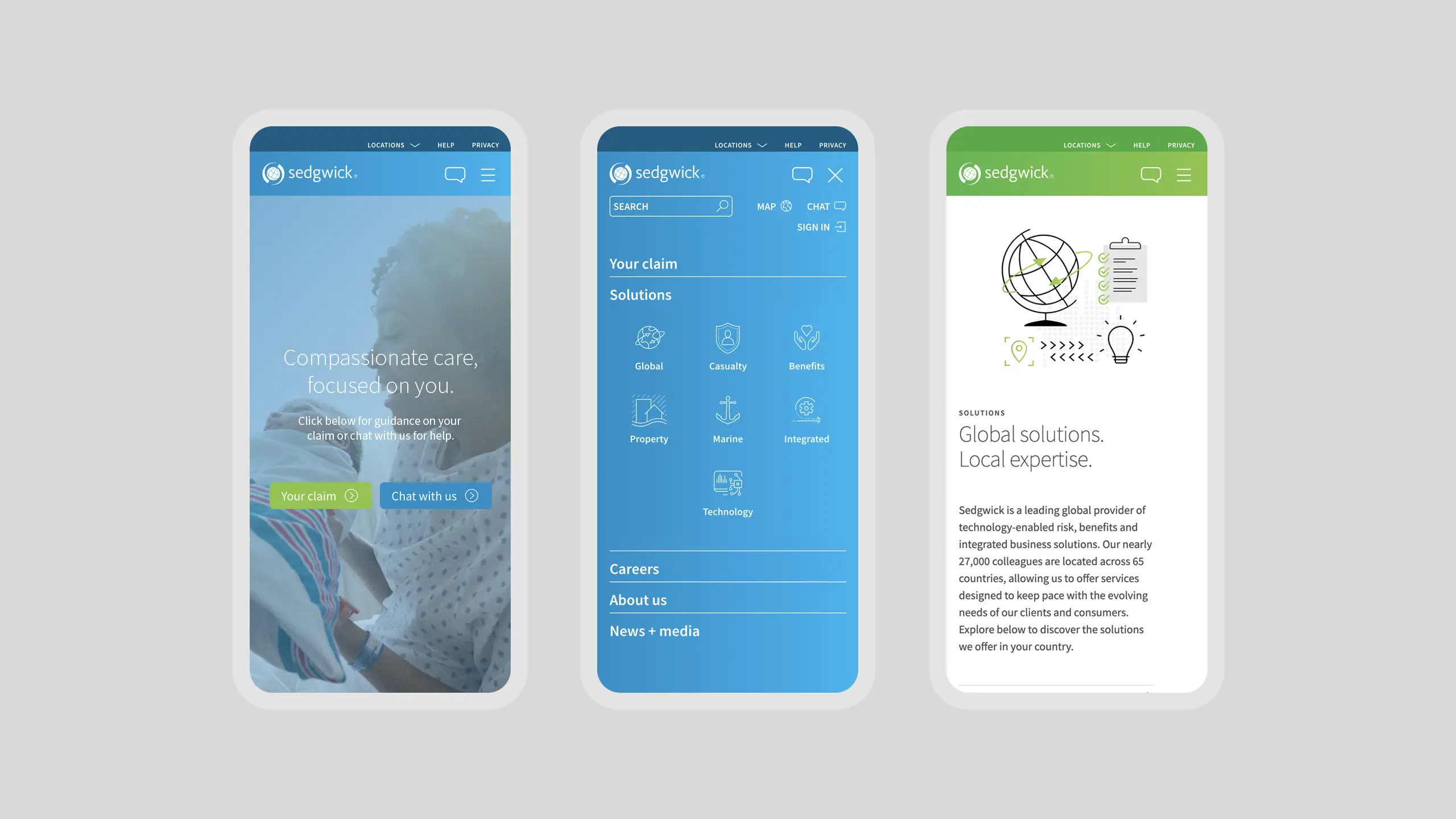 Three smartphone screens display the Sedgwick website. The first shows a patient with text "Compassionate care, focused on you." The second features a navigation menu. The third highlights "Global solutions" with an icon and text.