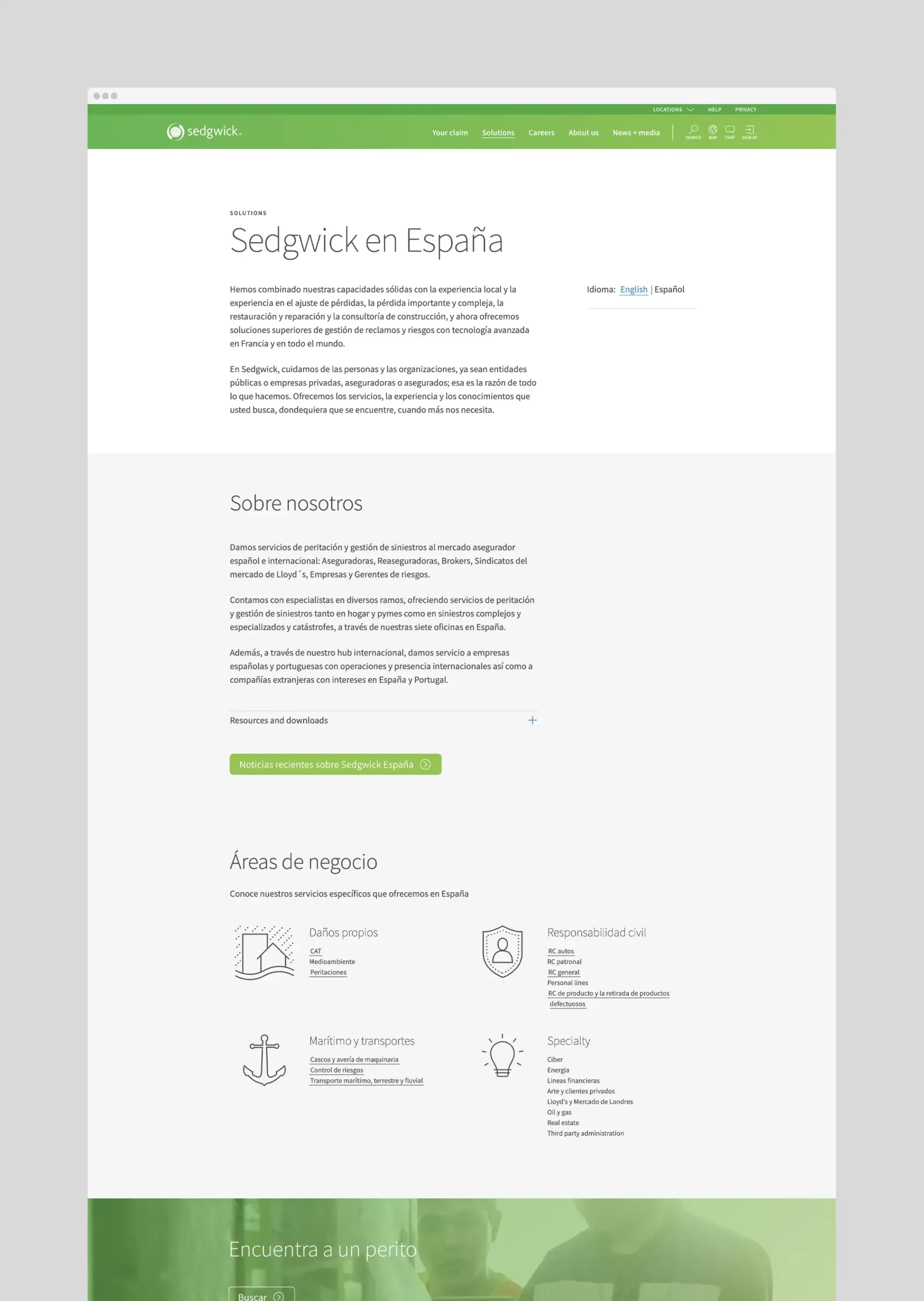 Sedgwick Spain webpage screenshot showing a clean layout with green accents. It features sections on company introduction and business areas.