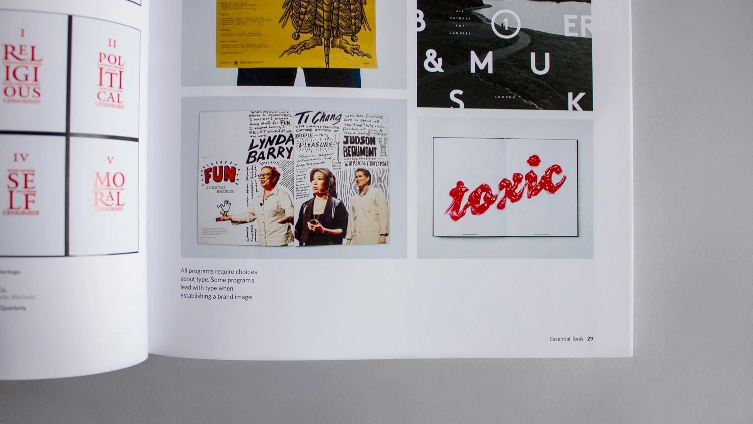 A magazine spread shows various poster designs. The left page features red text in grid sections. The right page displays colorful, diverse artworks, including a handwritten style and bold typography, labeled with descriptions.