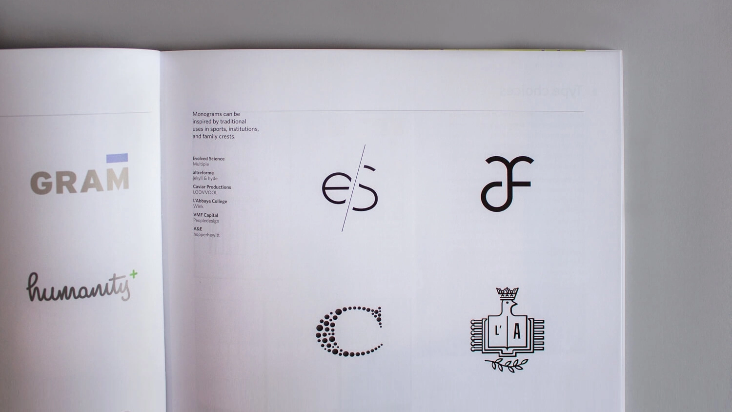 A page displays various monogram logos, including the logo for Evolved Science.