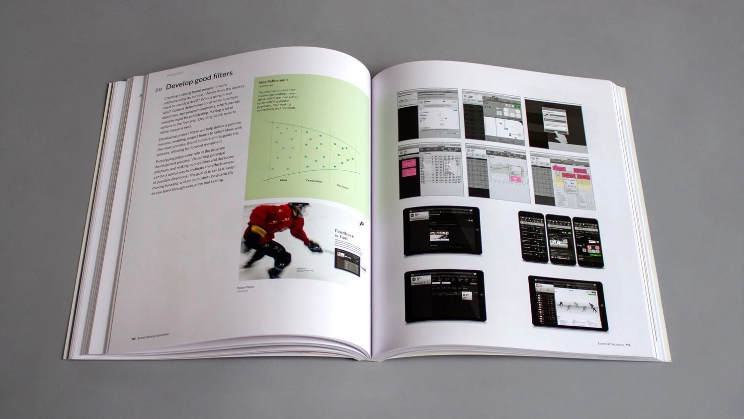 Open book displaying a design guide. Left page features text and a skater image on a green background. Right page shows various app interface screenshots for PowerPlayer.