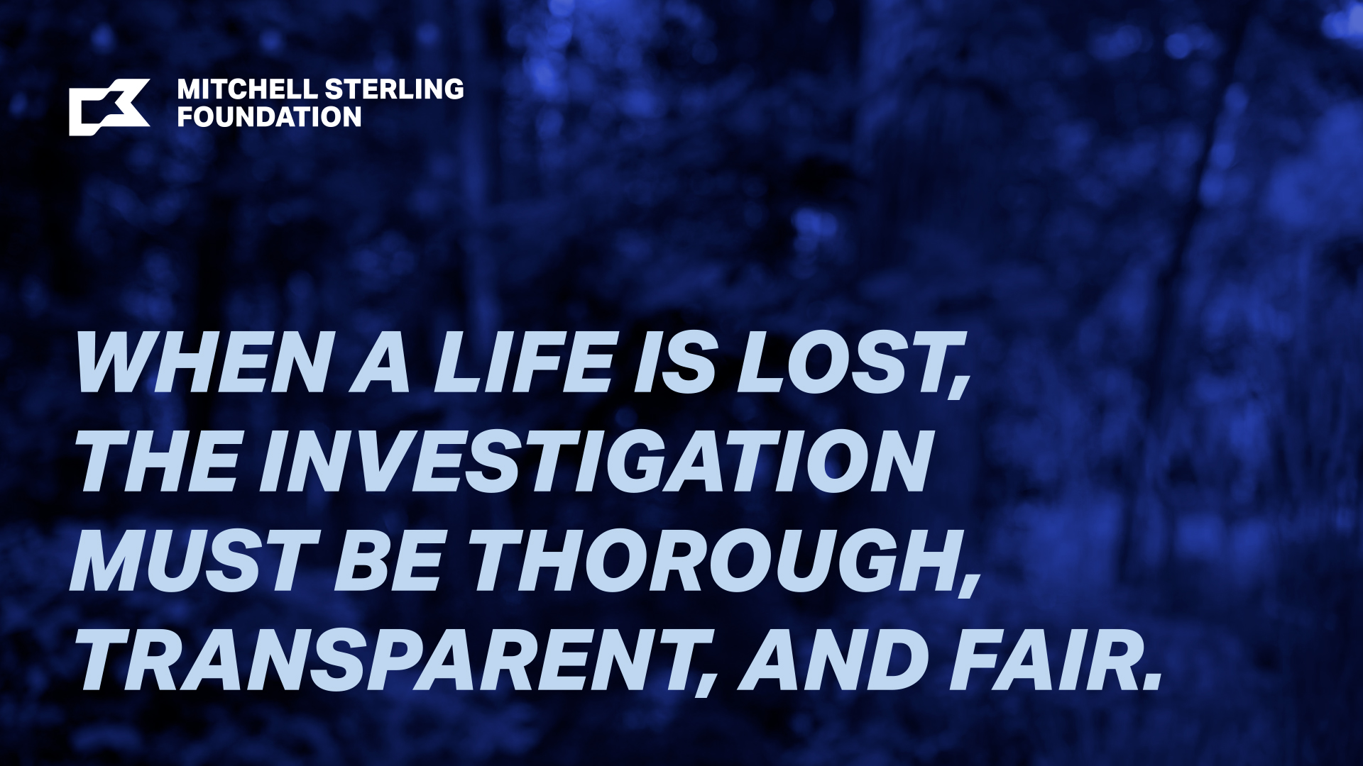 A messaging graphic for the Mitchell Sterling Foundation with the core campaign messaging: When a life is lost, the investigation must be thorough, transparent, and fair.