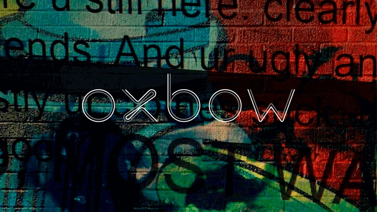 Abstract collage with overlapping text and colorful textures resembling graffiti on brick. The word "oxbow" is prominently displayed in the center.