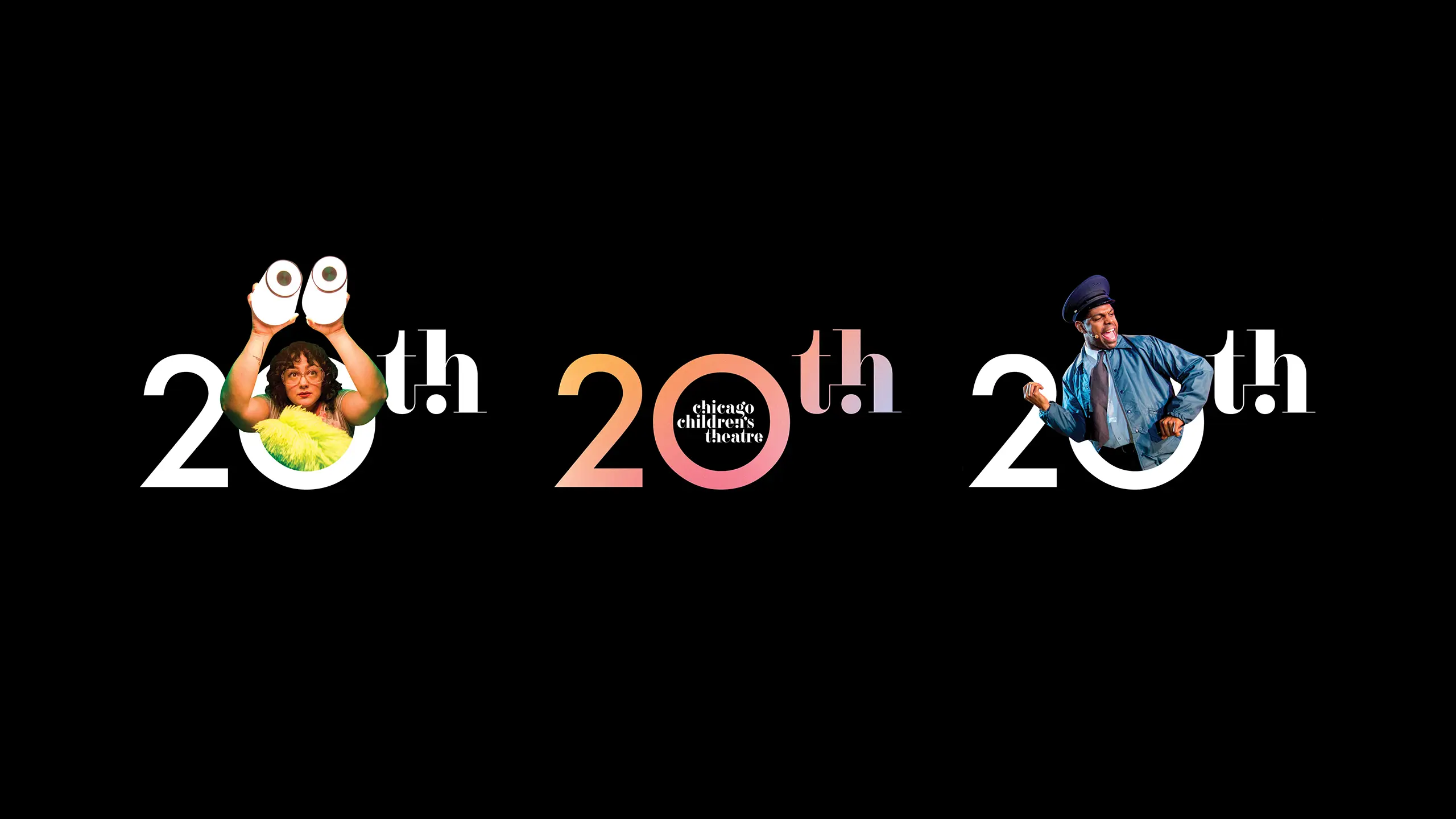 20th anniversary image for Chicago Children's Theatre. Two people creatively form the zeros, one with binoculars and the other smiling, against a black background.