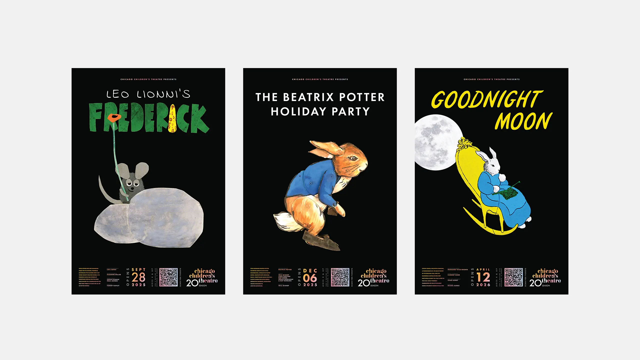 Three posters advertise Chicago Children's Theatre plays. From left to right: "Frederick" with a mouse, "The Beatrix Potter Holiday Party" with a rabbit, and "Goodnight Moon" with a bunny on a rocking chair under the moon. Each poster includes play dates and a QR code.