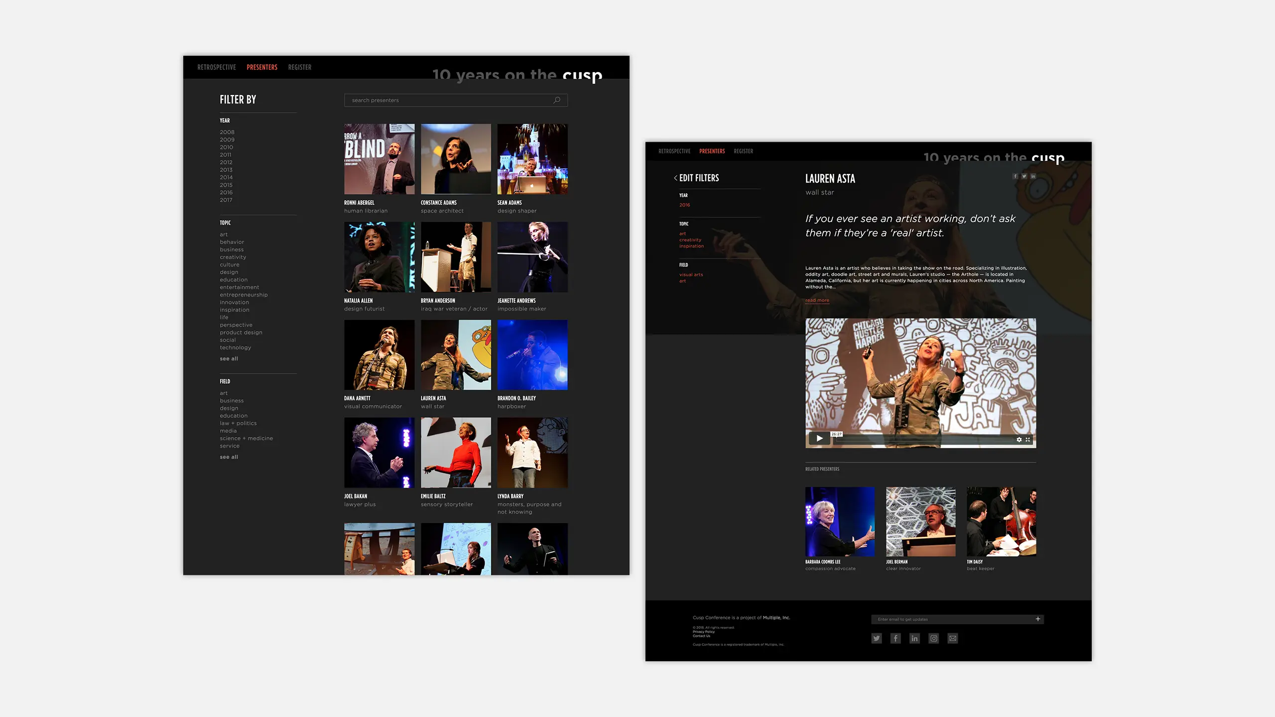 A website interface showcasing the event archive for Cusp Conference. The left side displays a grid of event thumbnails with titles and filters, while the right side highlights a selected event with an image and description, featuring lively presentations.
