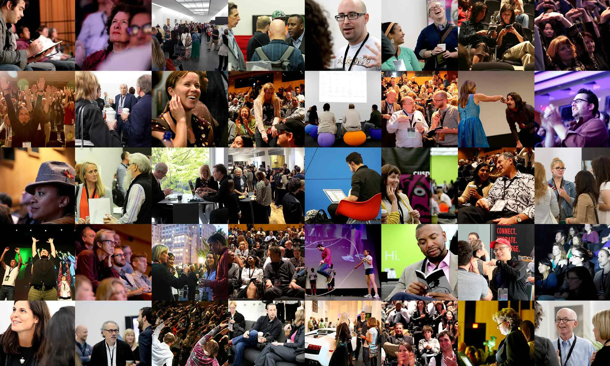 A collage of diverse people at a Cusp Conference, engaging in talks, taking notes, and networking.