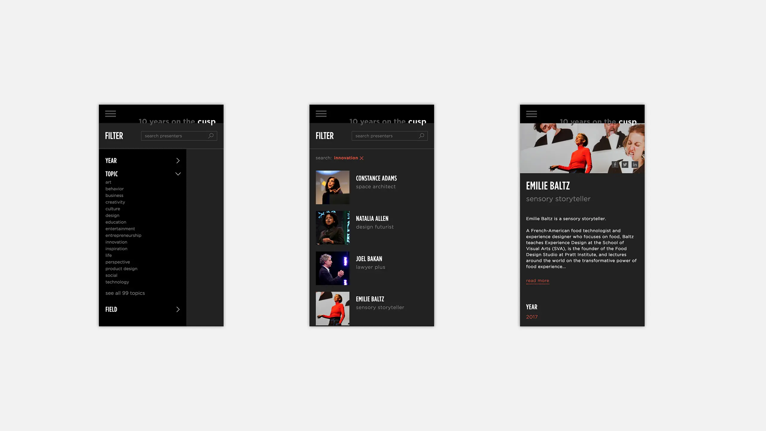 Three mobile screens show a website interface for Cusp Conference. The first screen features filter options by year, topic, and field. The second lists names and images, and the third shows a bio for Emilie Baltz, a sensory storyteller, with a portrait and description.