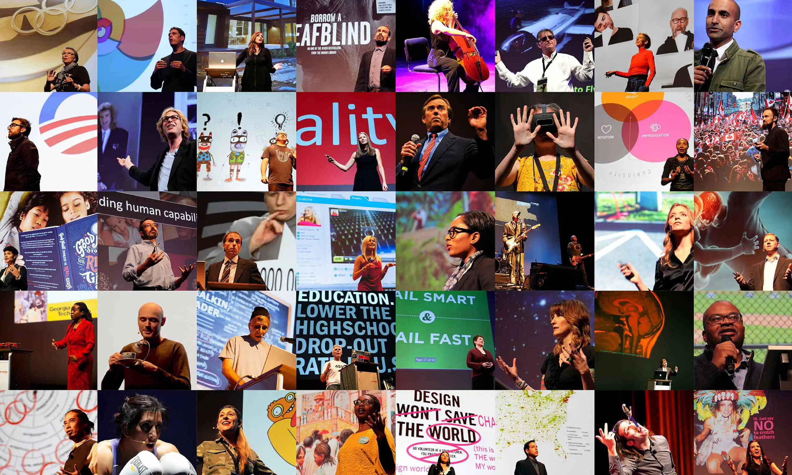 A collage of diverse speakers passionately presenting at Cusp Conference. They use gestures and visual aids, conveying enthusiasm and engagement in their topics.
