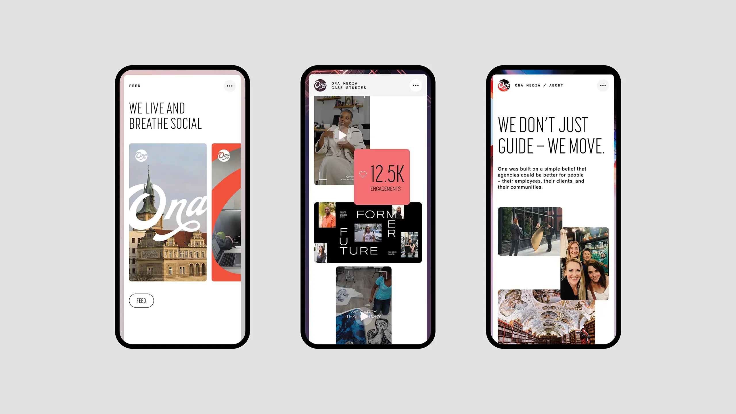 Mobile screens of the Ona Media website showing the home page, a case study, and the about page
