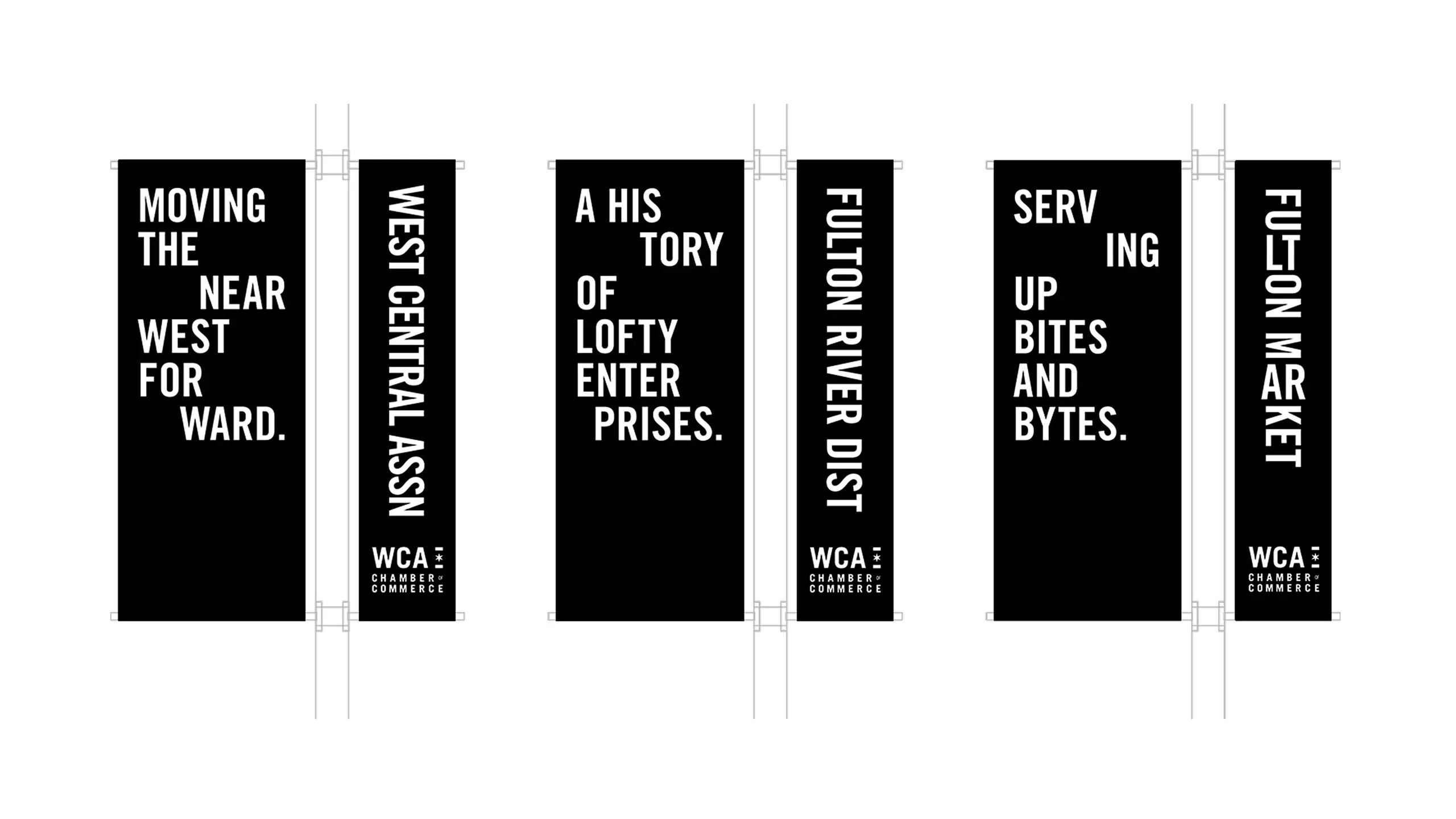 Text blocks arranged vertically with phrases about moving near West Forward, West Central Association, a history of Lofty Enterprises, Fulton River District, serving up bites and bytes, and Fulton Market.