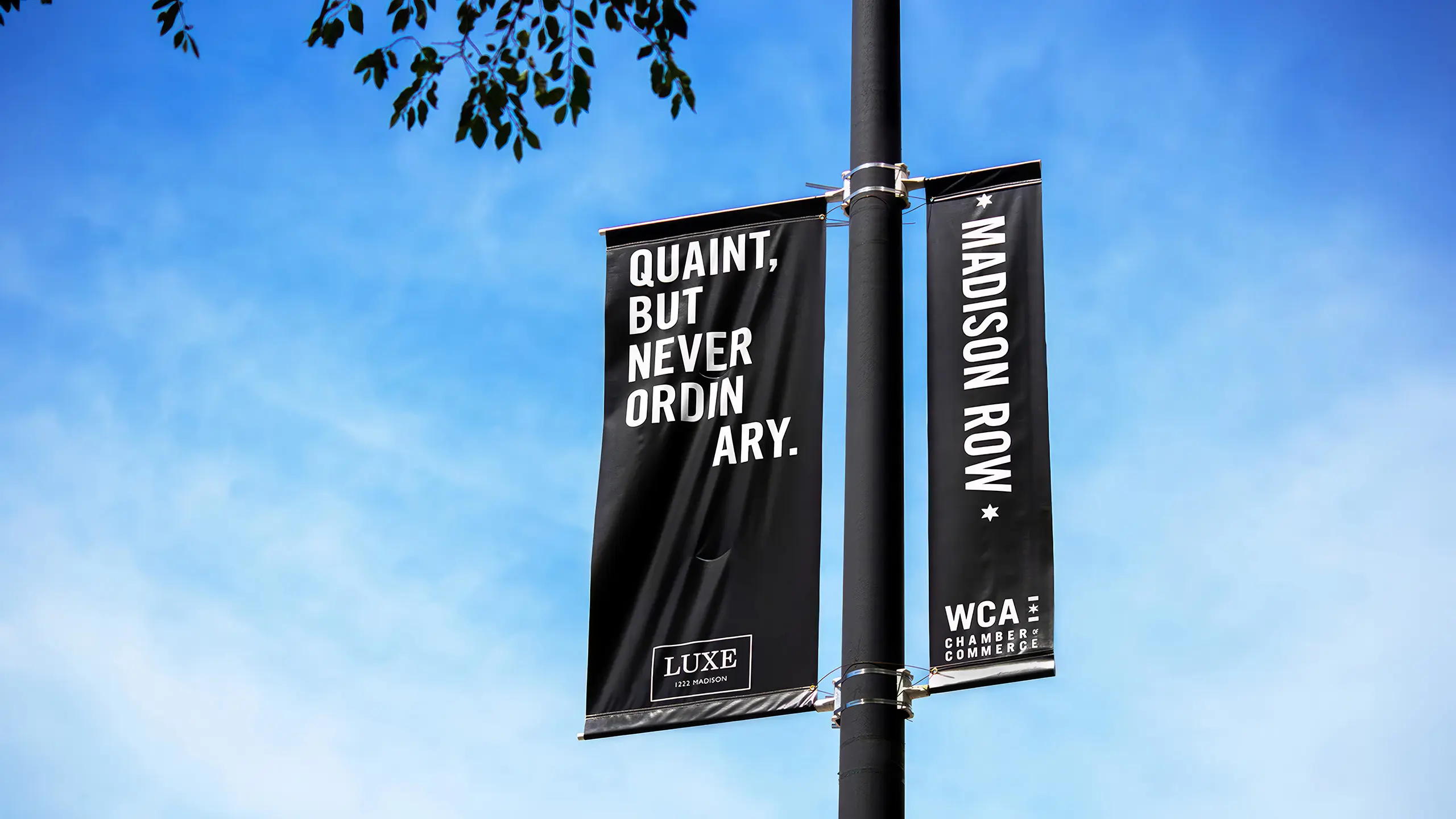 Two black vertical banners attached to a streetlight pole display white text reading "QUAINT, BUT NEVER ORDINARY" and "MADISON ROW" against a blue sky background.